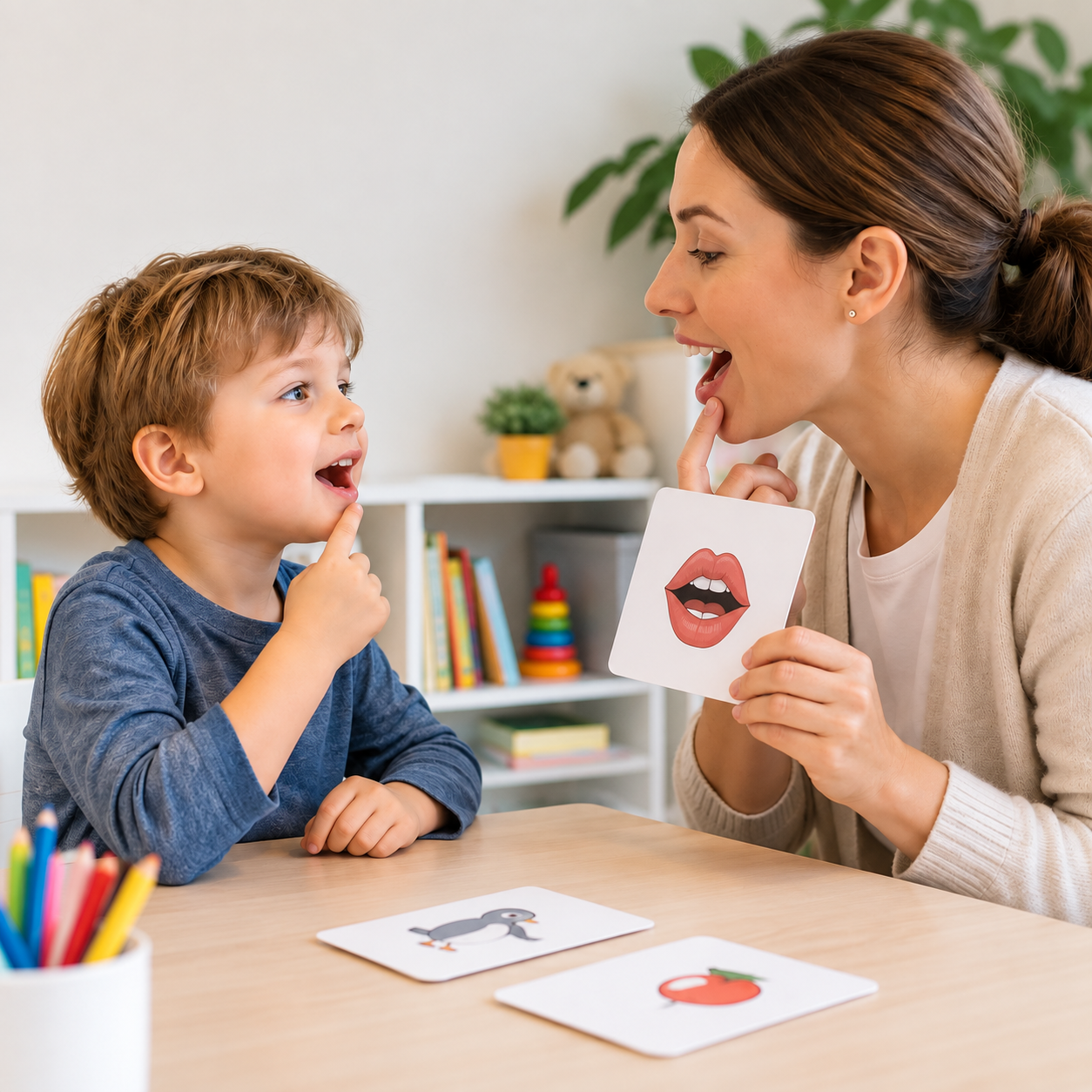 Kind übt gemeinsam mit einer Logopädin die Aussprache während einer Sprachtherapie.