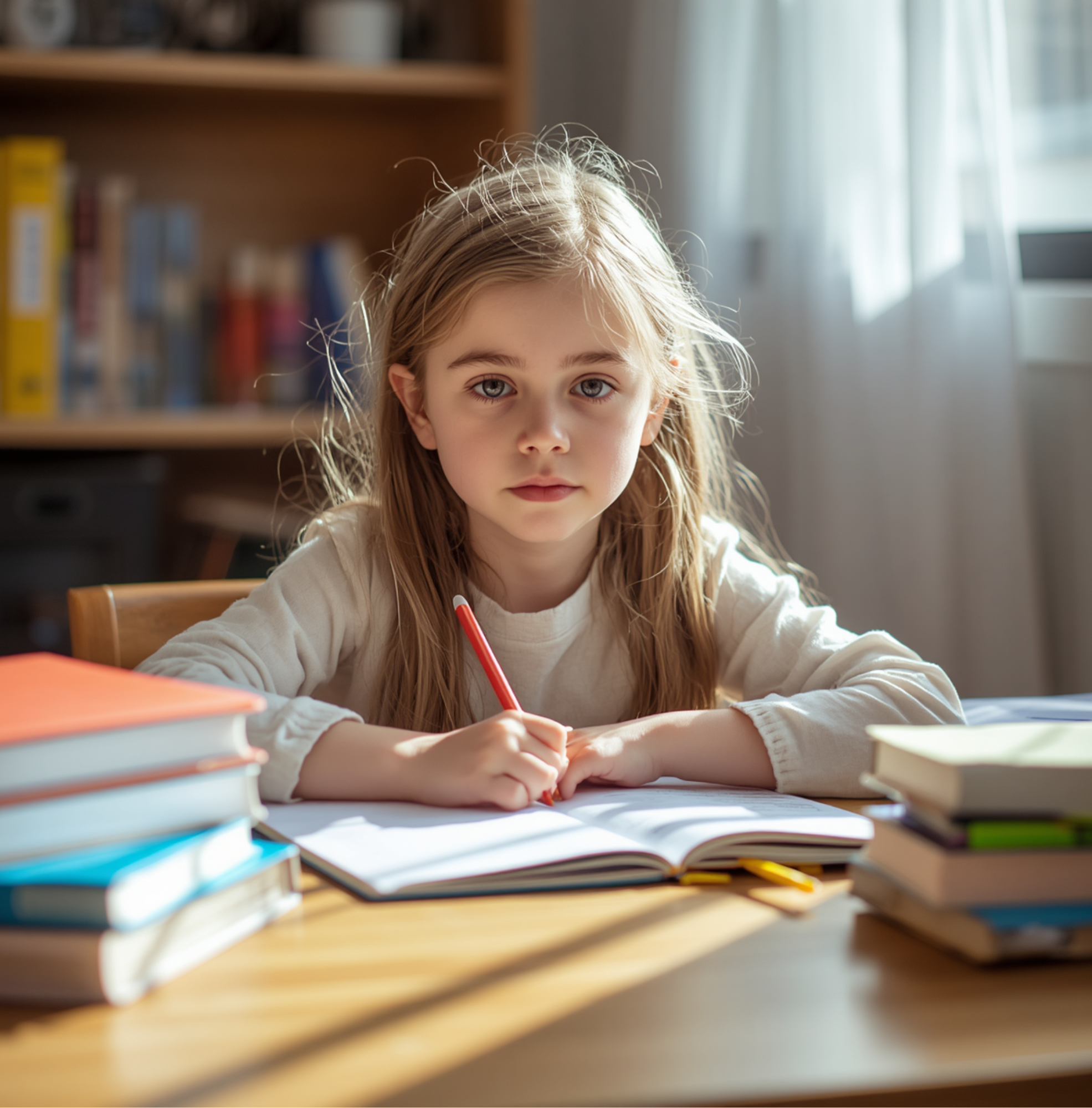 Mädchen hat Schwierigkeiten beim Schreiben und sitzt mit mehreren Büchern am Tisch.