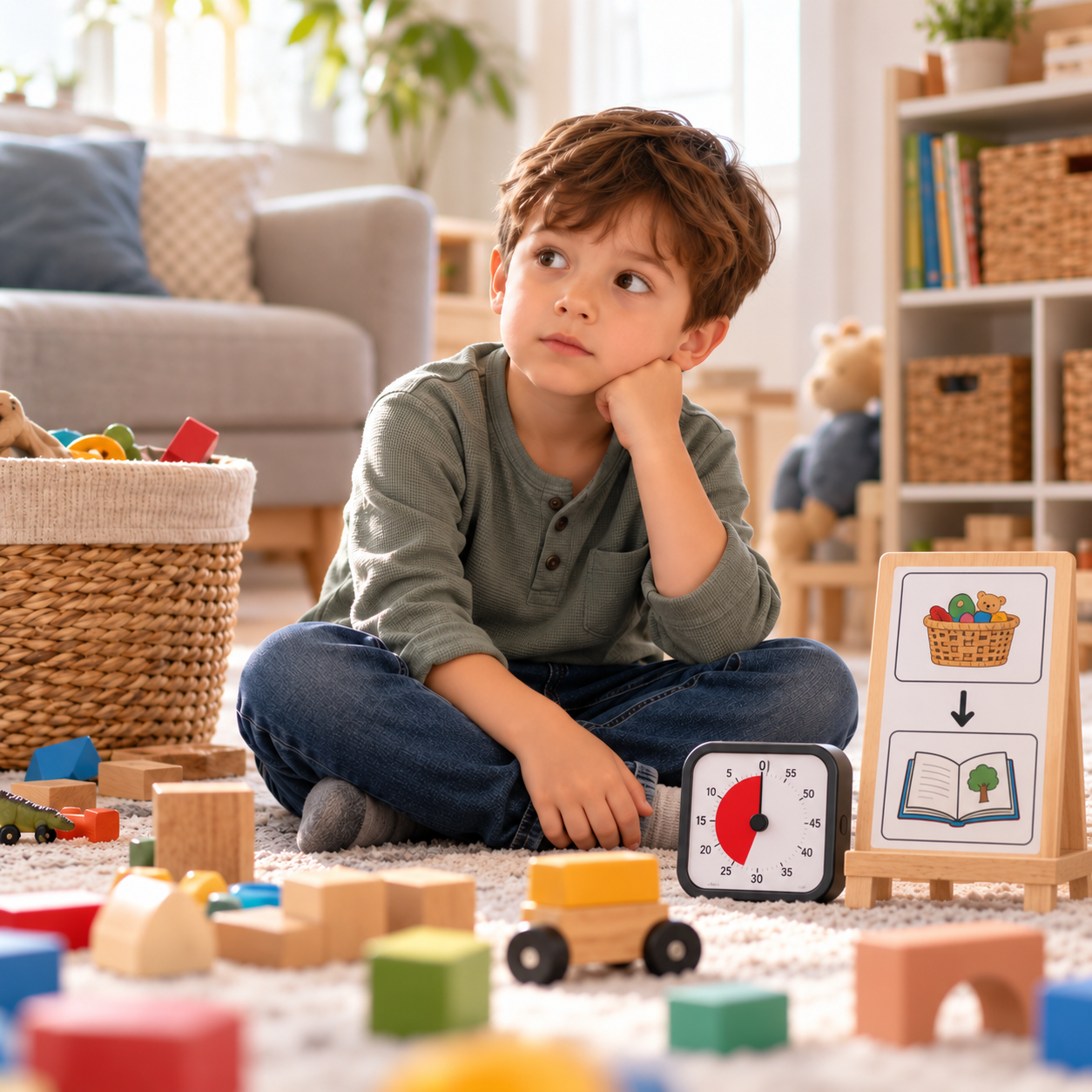 Junge sitzt zwischen Spielsachen mit Timer und visueller Erst-Dann-Hilfe für Aufräumen und Lesen.