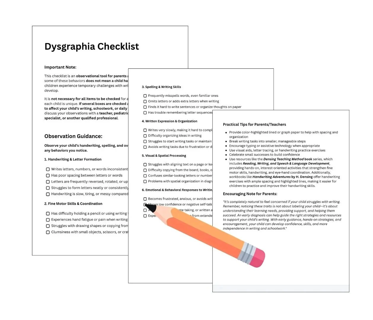 Preview of printable dysgraphia checklist highlighting handwriting struggles, poor spacing, and difficulty staying on lines