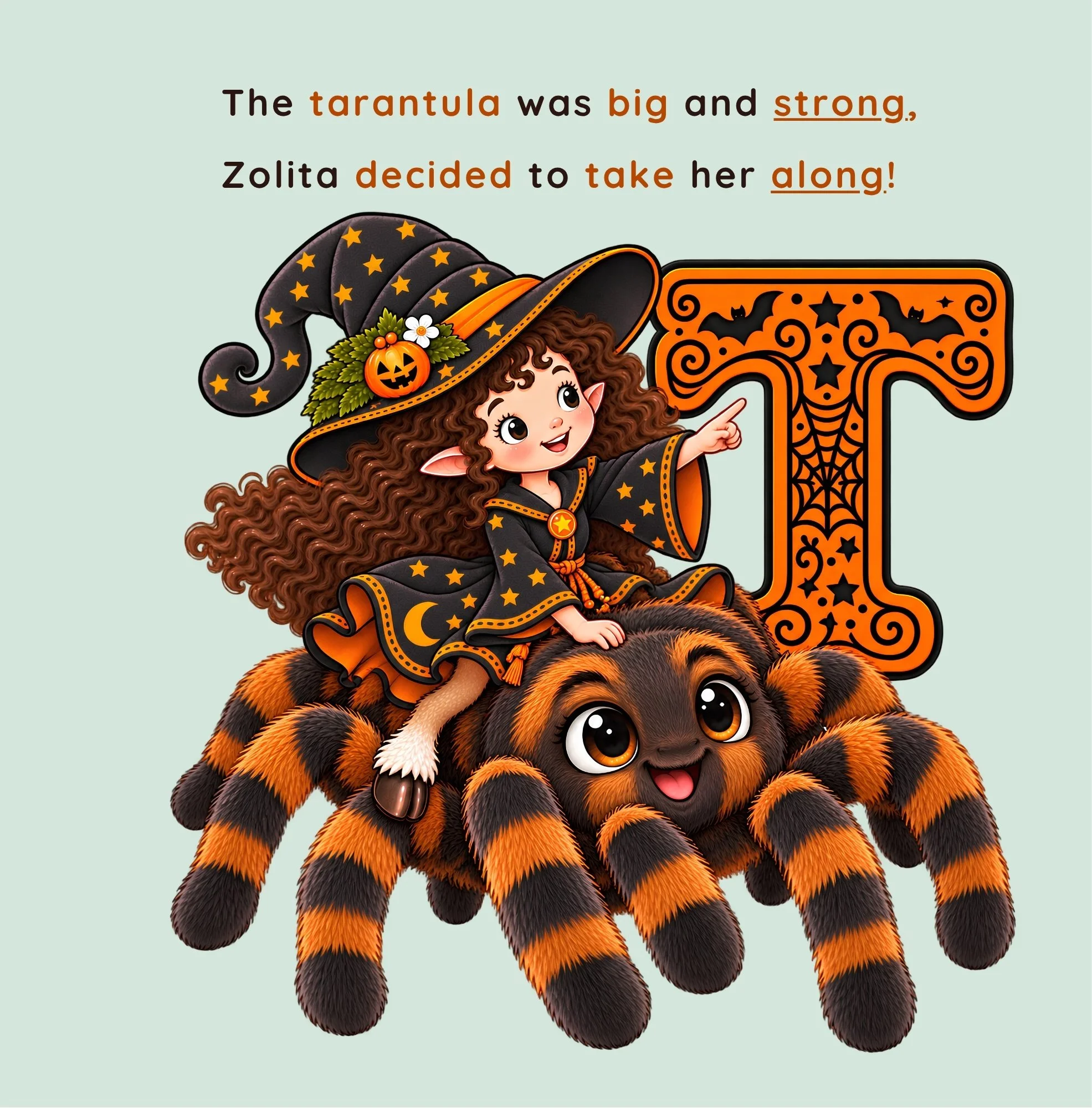 A page from the Halloween Creatures from A-Z book showing the witch riding on a tarantula.