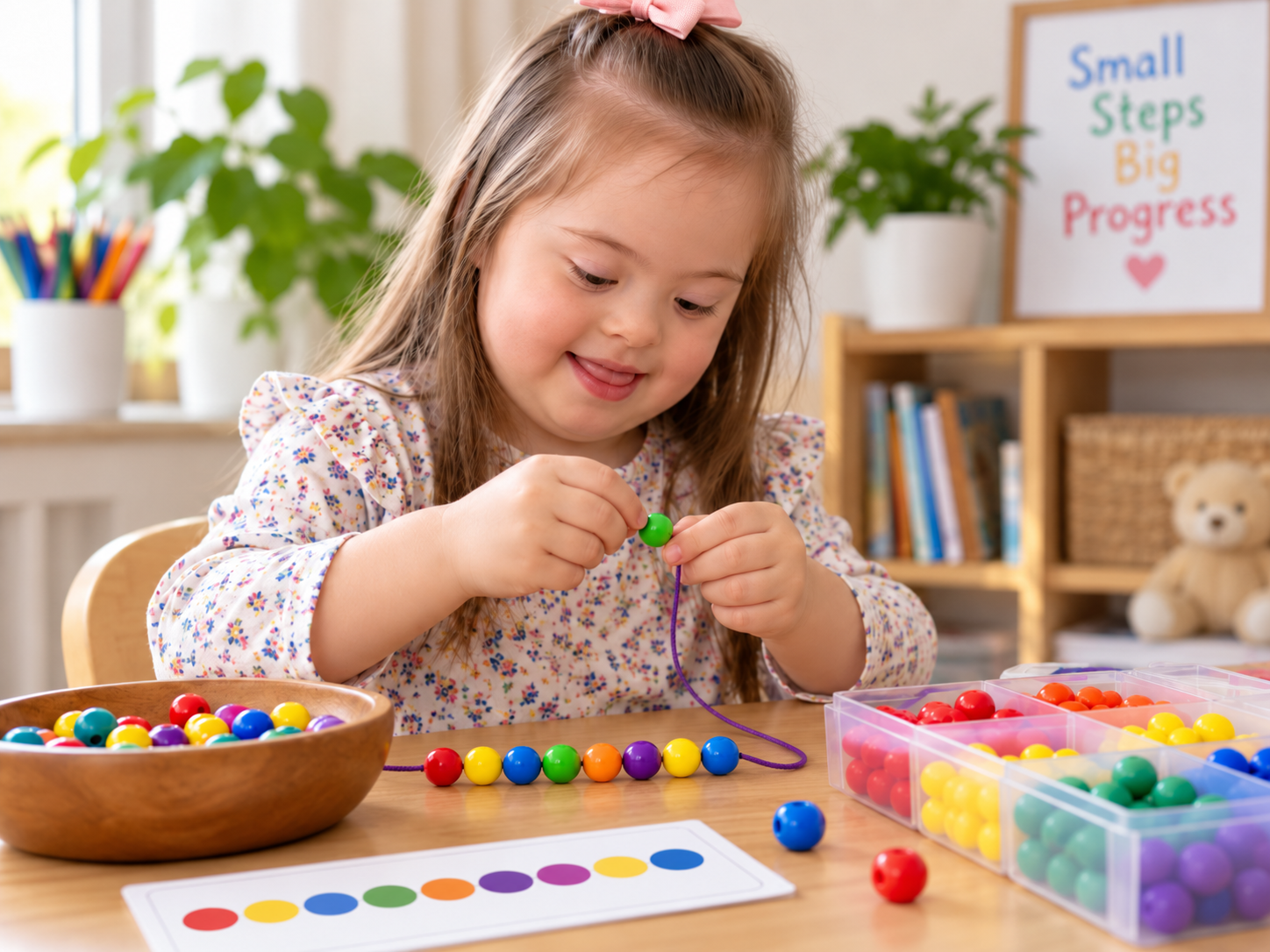 Child with Down syndrome practicing fine motor and learning skills with beads