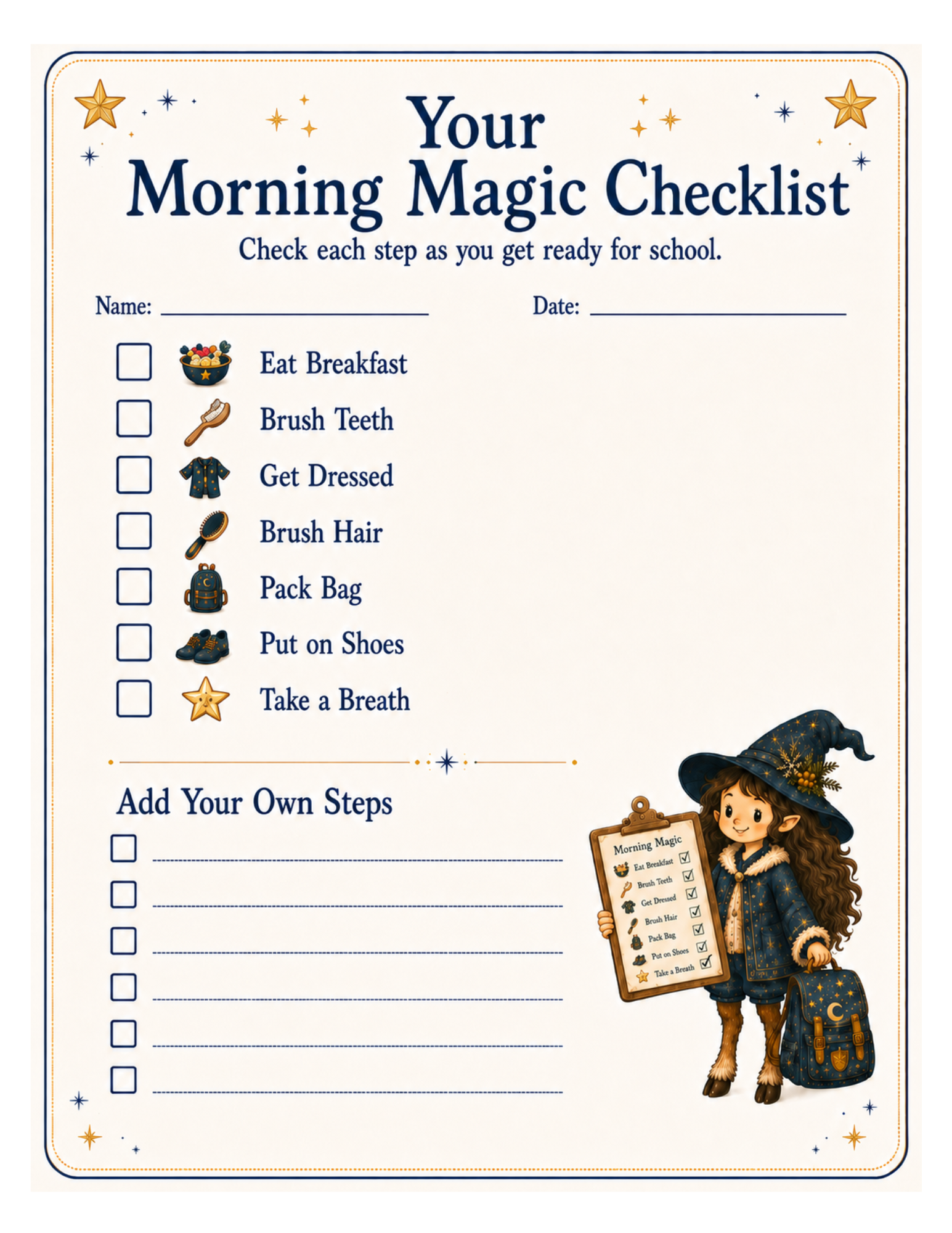 Free printable morning routine checklist for kids with school readiness steps, checkboxes, and space for parents to add their own routine items.