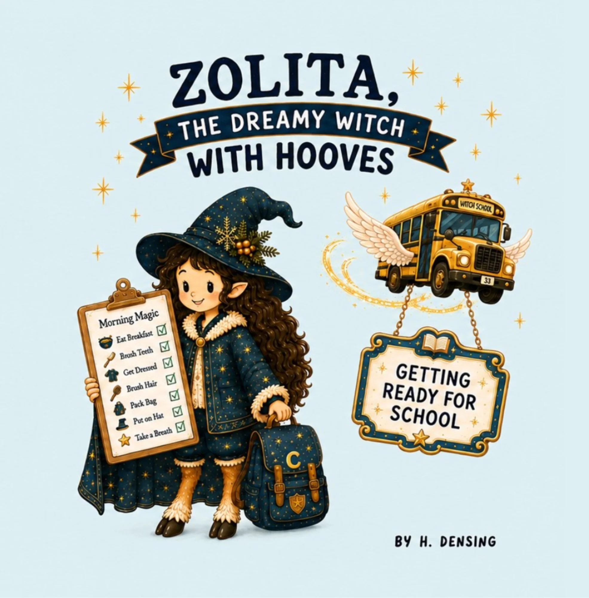 Zolita the little witch with hooves getting ready for school in a whimsical children’s book illustration about executive functioning.