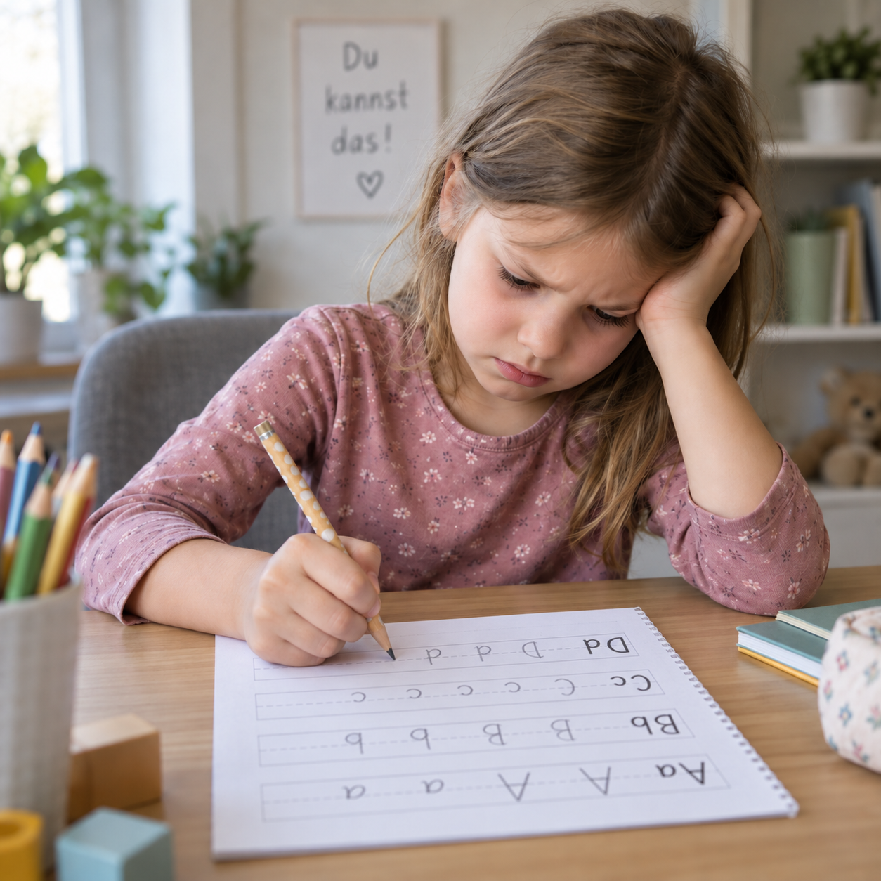 Kind übt Handschrift und hat Schwierigkeiten beim Schreiben mit dem Stift
