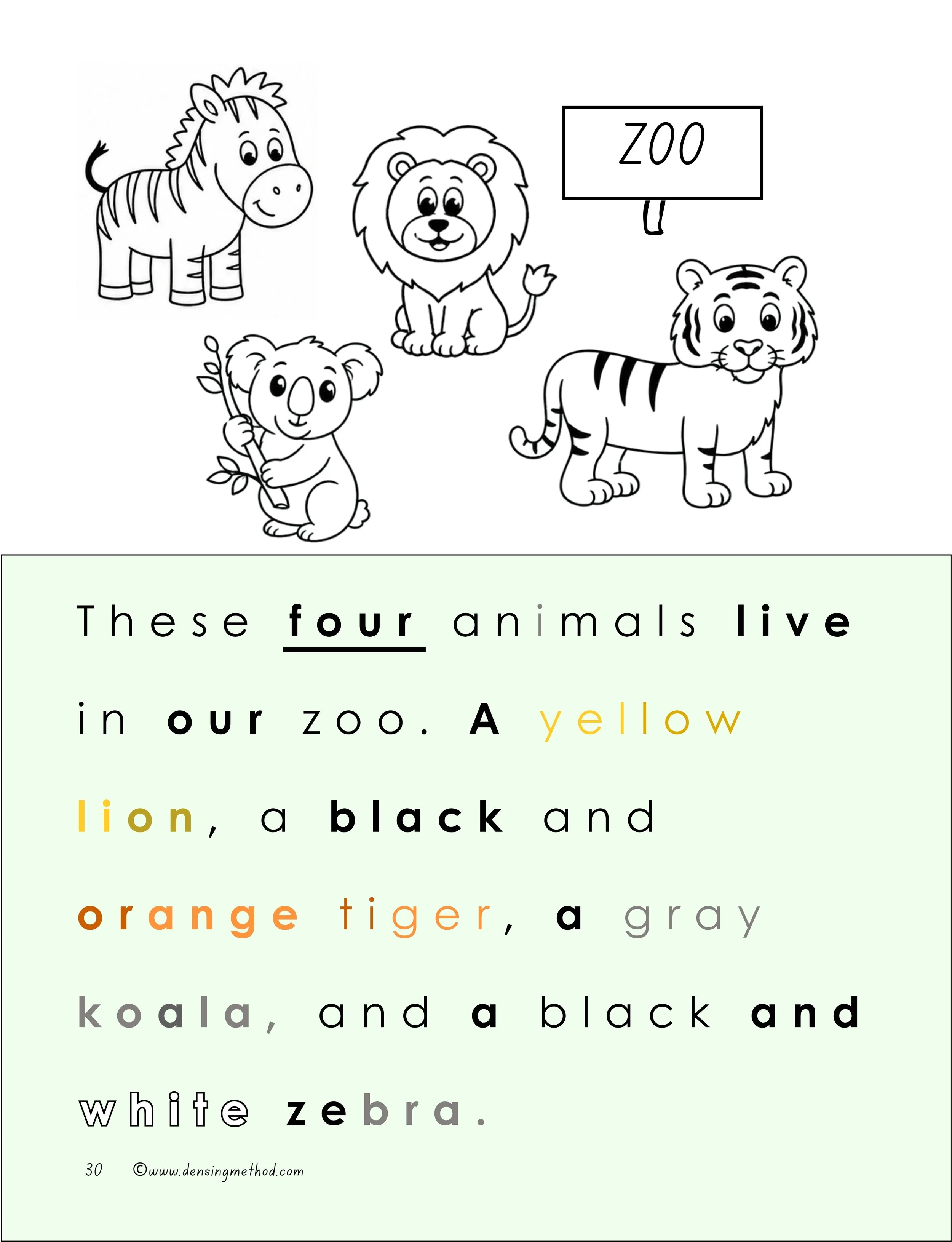 This page features four animals and a coloring activity where children practice number recognition and following simple reading instructions to color each animal correctly.