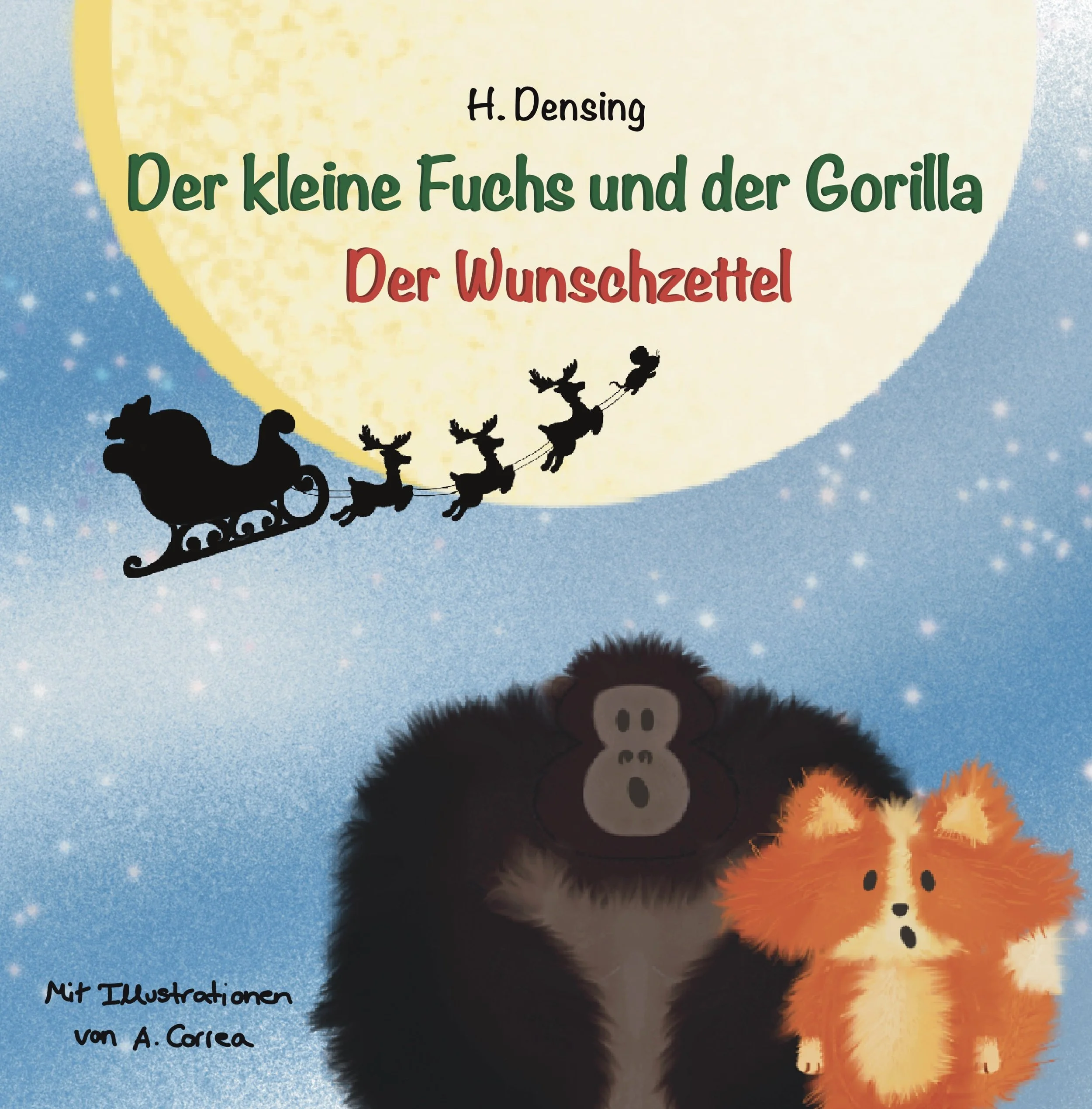 Interaktives Weihnachtsbilderbuch für Kinder „Der kleine Fuchs und der Gorilla – Der Wunschzettel“ mit Reimgeschichte und abwechselnden Textfarben, die Kindern helfen, beim Lesen auf jeder Zeile zu bleiben.