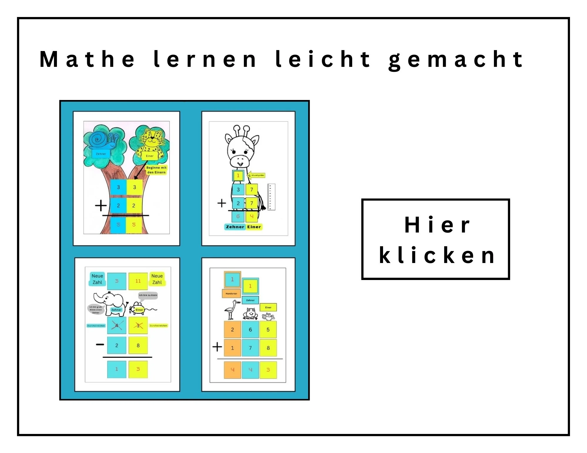 Mathe Arbeitsbücher für Kinder mit Übungen zu Addition, Subtraktion, Multiplikation und Division sowie visuellen Lernhilfen zum besseren Verständnis.