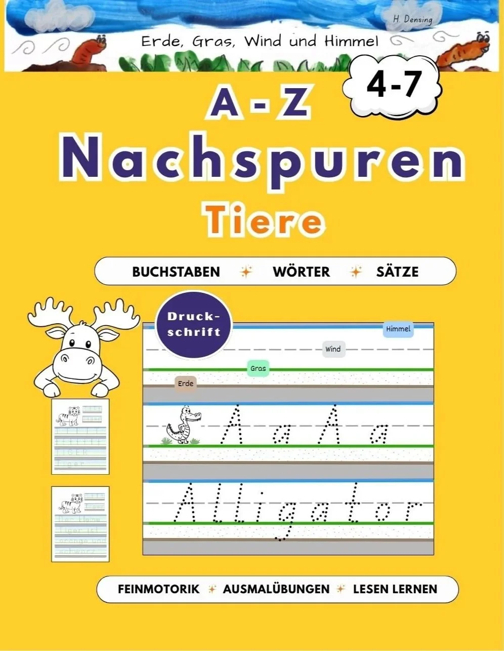 Arbeitsheft für Kinder mit Tierillustrationen und Nachspuren von Wörtern zur Förderung von Schreiben und Feinmotorik