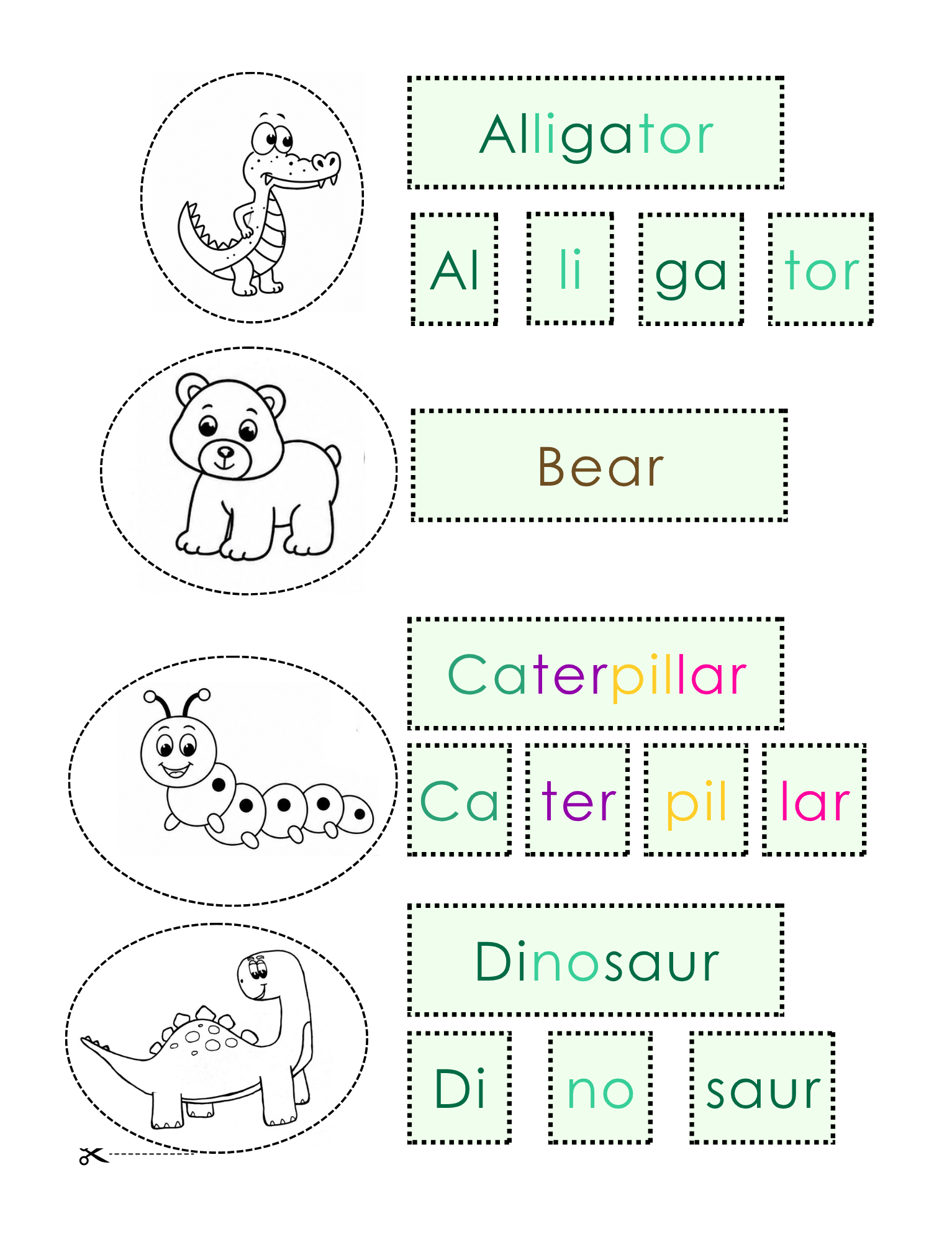 Reading Made Easy workbook page with animal pictures, animal names, and syllable cards for children to cut out and glue together as a hands-on reading exercise.