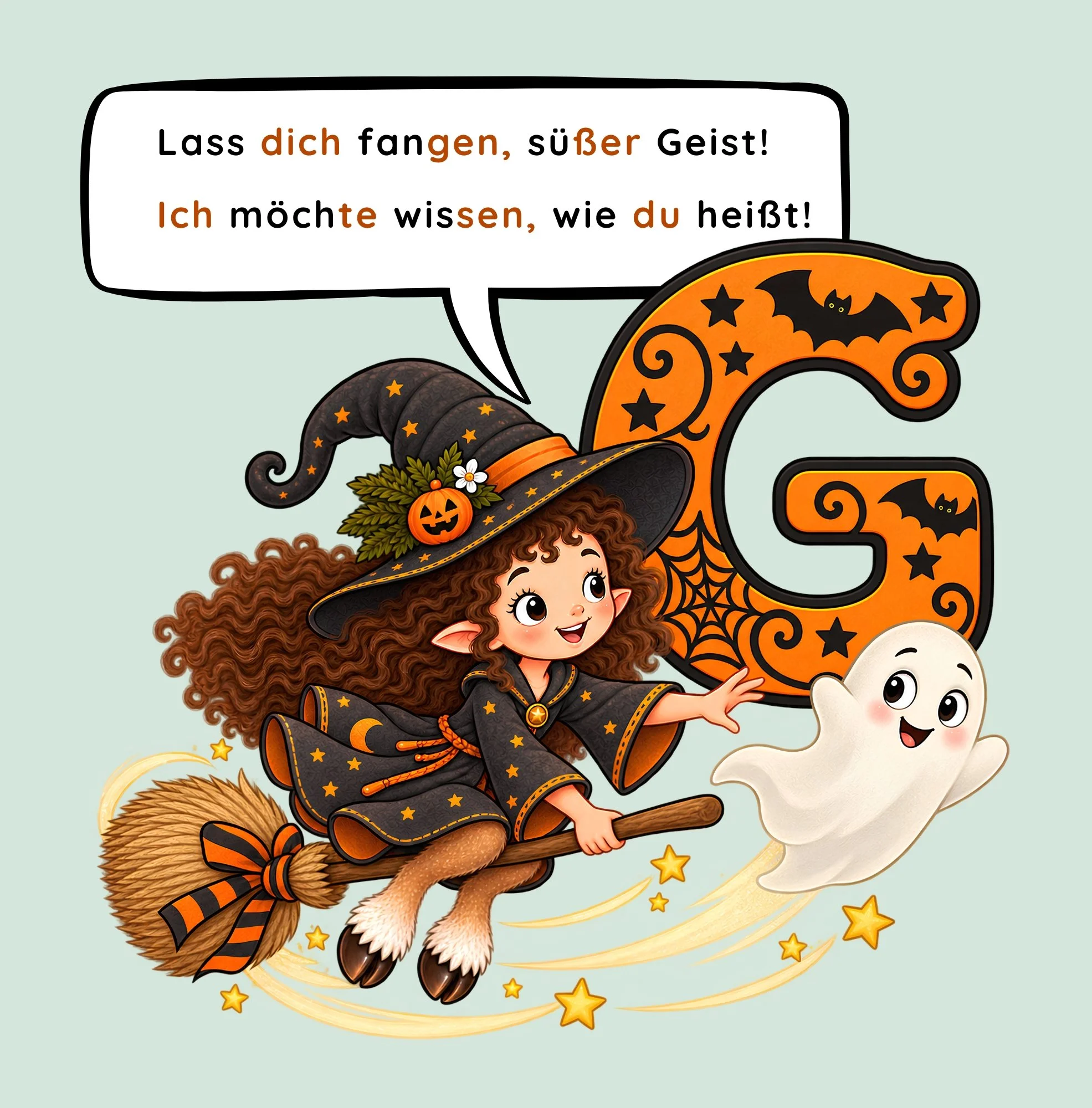 Zolita, die kleine Hexe mit Hufen, fliegt auf ihrem Besen und versucht einen freundlichen Geist zu fangen. Eine farbenfrohe Illustration aus dem deutschen Halloween-Kinderbuch „Zolita, die verträumte Hexe mit Hufen“.