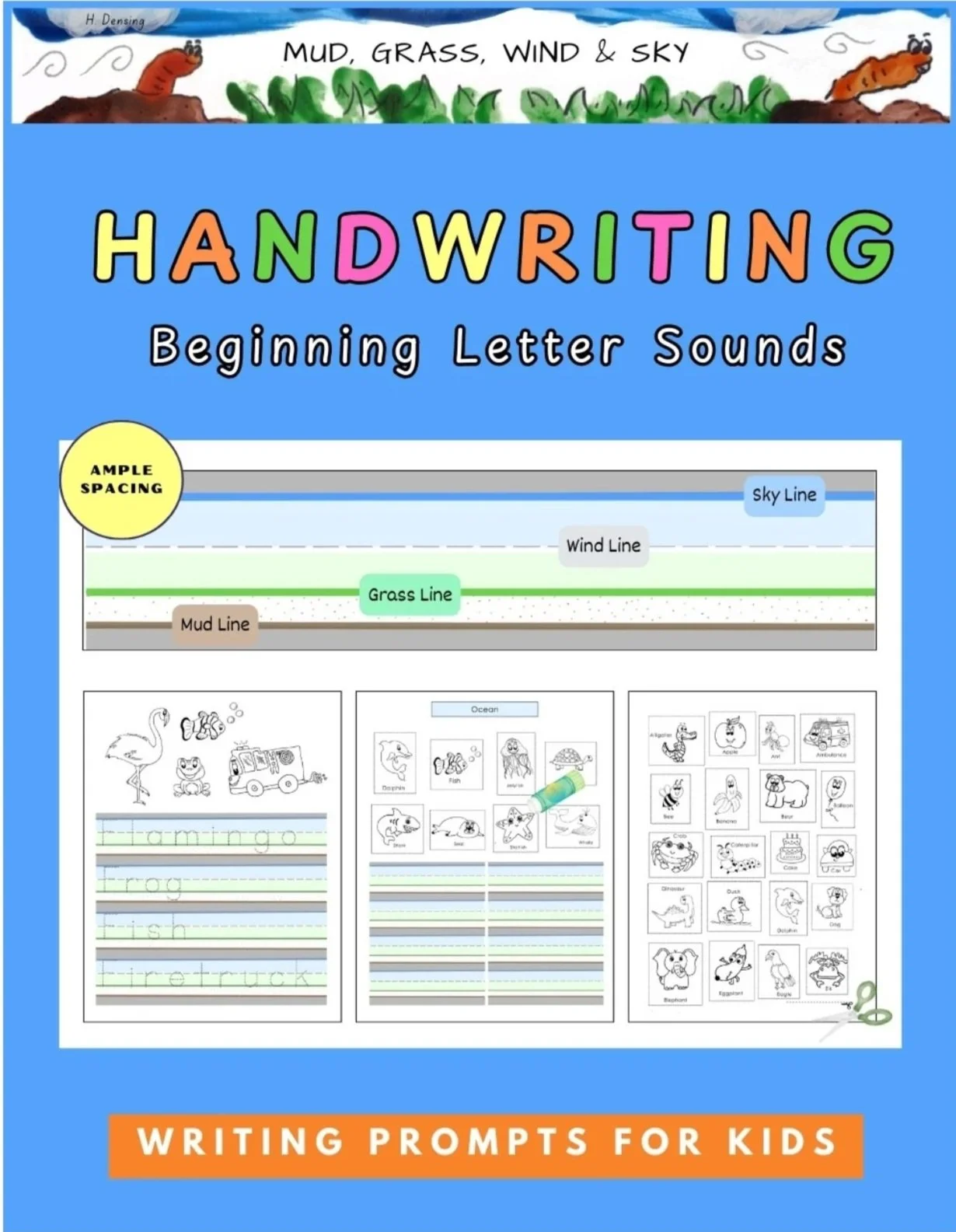 Handwriting workbook cover for kids with special needs showing visual writing lines for improved letter placement and control