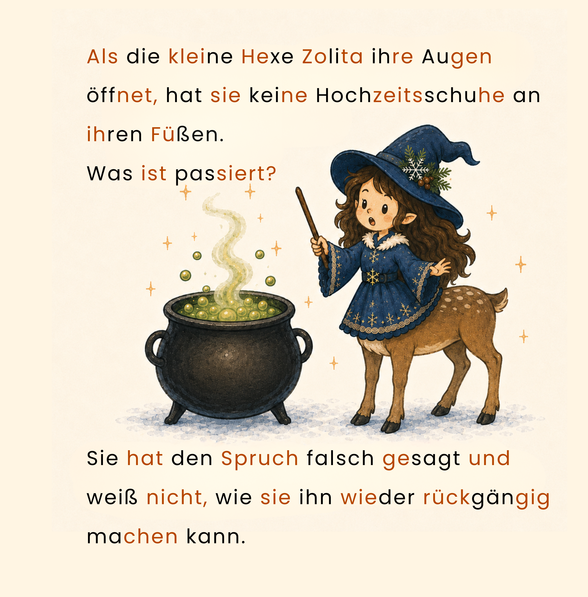 Kleine Hexe mit Rentierkörper nach einem schiefgegangenen Zauberspruch in einem Kinderbuch