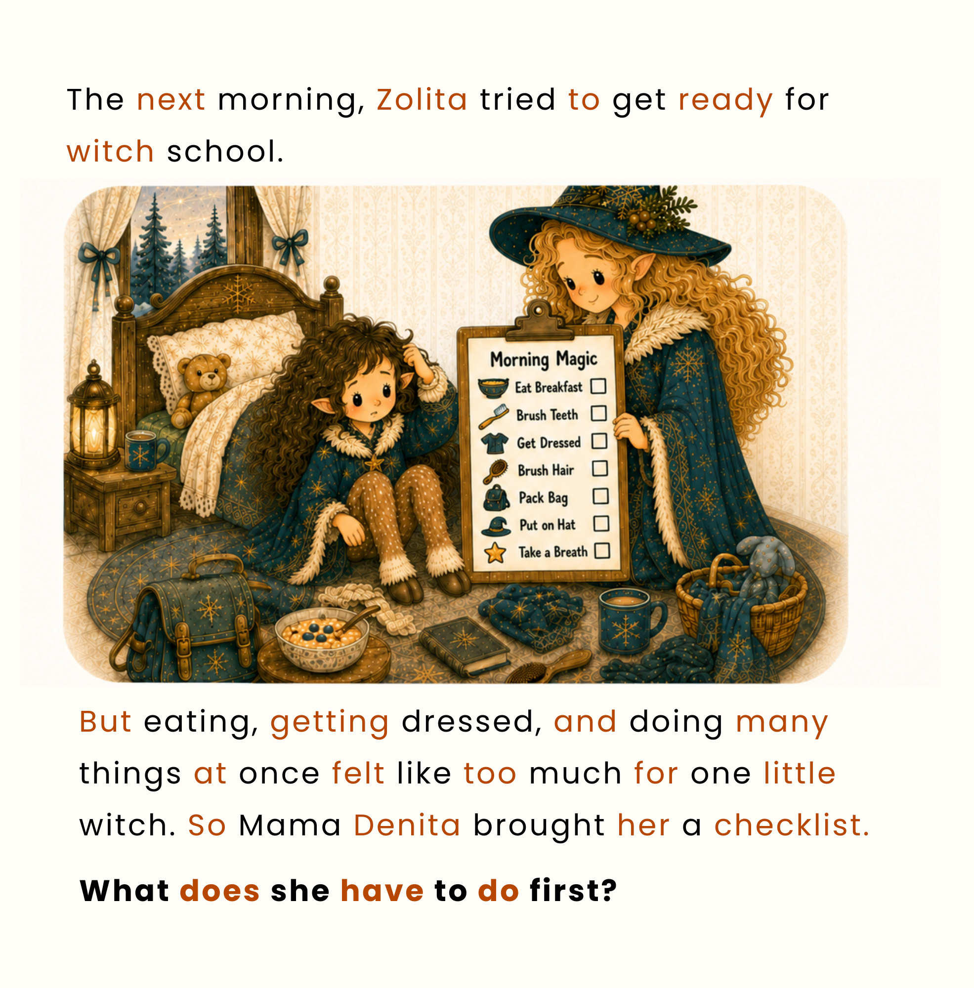 Mother helping a little witch use a morning checklist to get ready for school