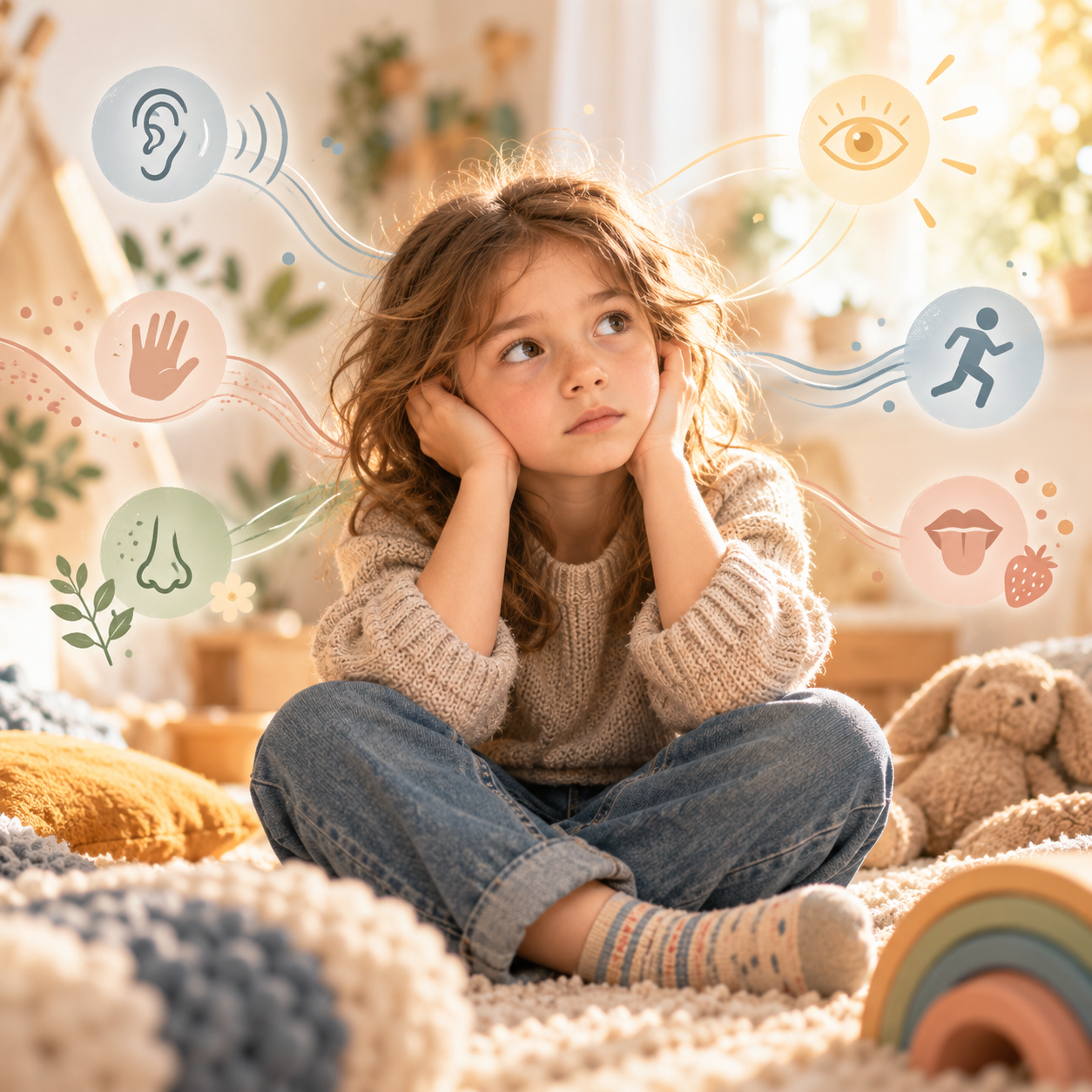 Kind sitzt auf dem Bett und haelt sich die Ohren zu. Reizueberflutung in Kindern