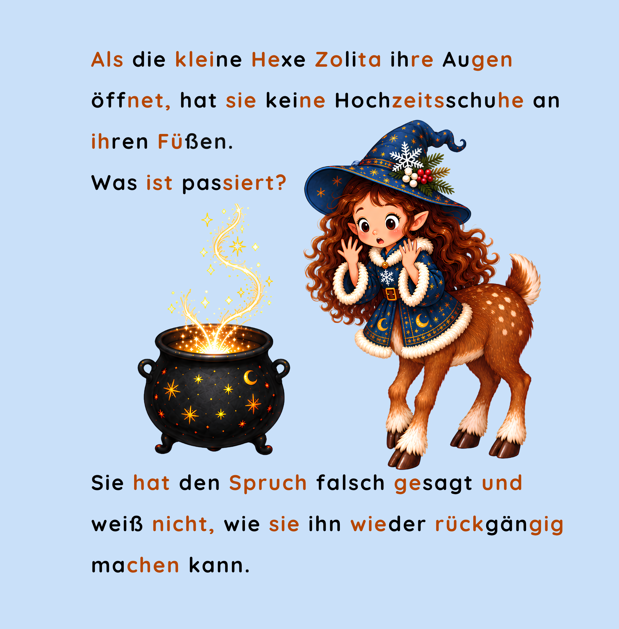 Kleine Hexe mit Rentierkörper nach einem schiefgegangenen Zauberspruch in einem Kinderbuch