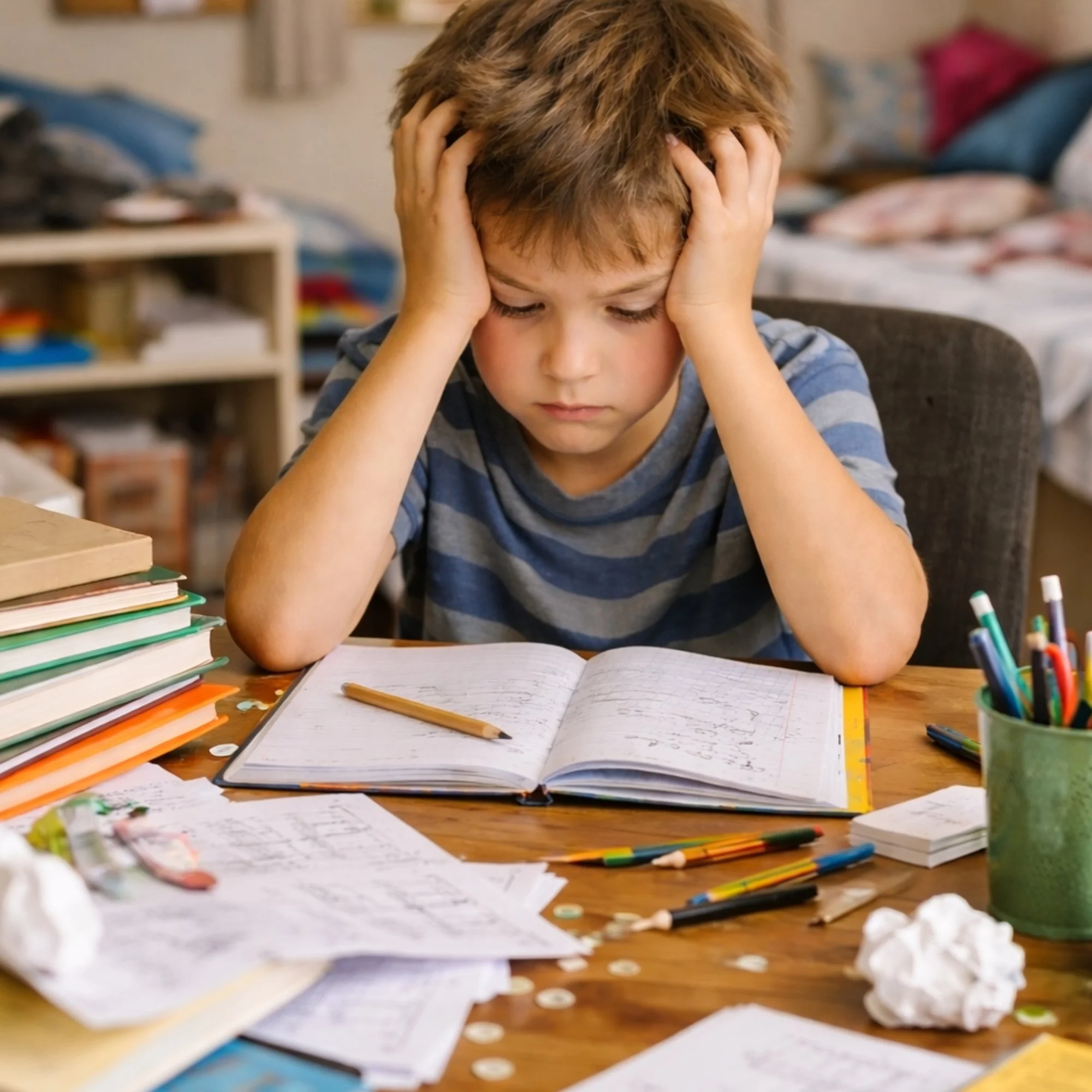 Child struggling with homework at a messy desk, showing executive functioning difficulties with focus, organization, and task completion