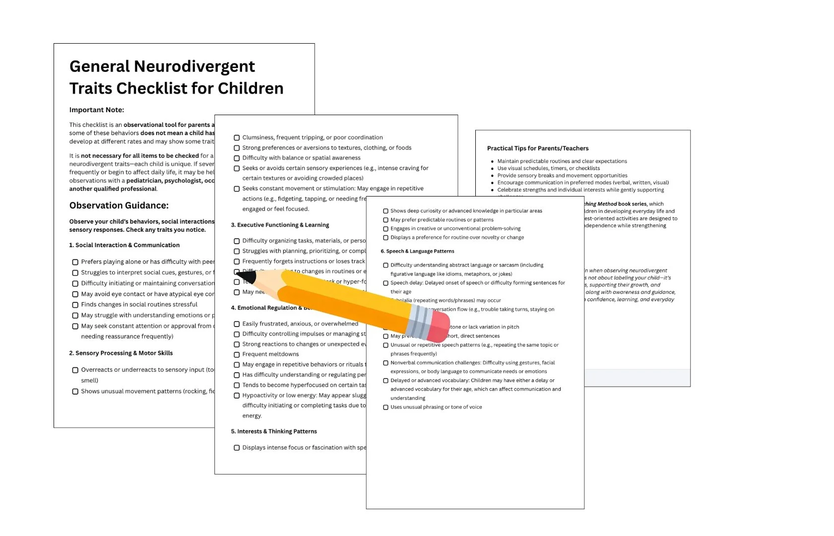 Sample neurodivergent child checklist with developmental and behavioral indicators