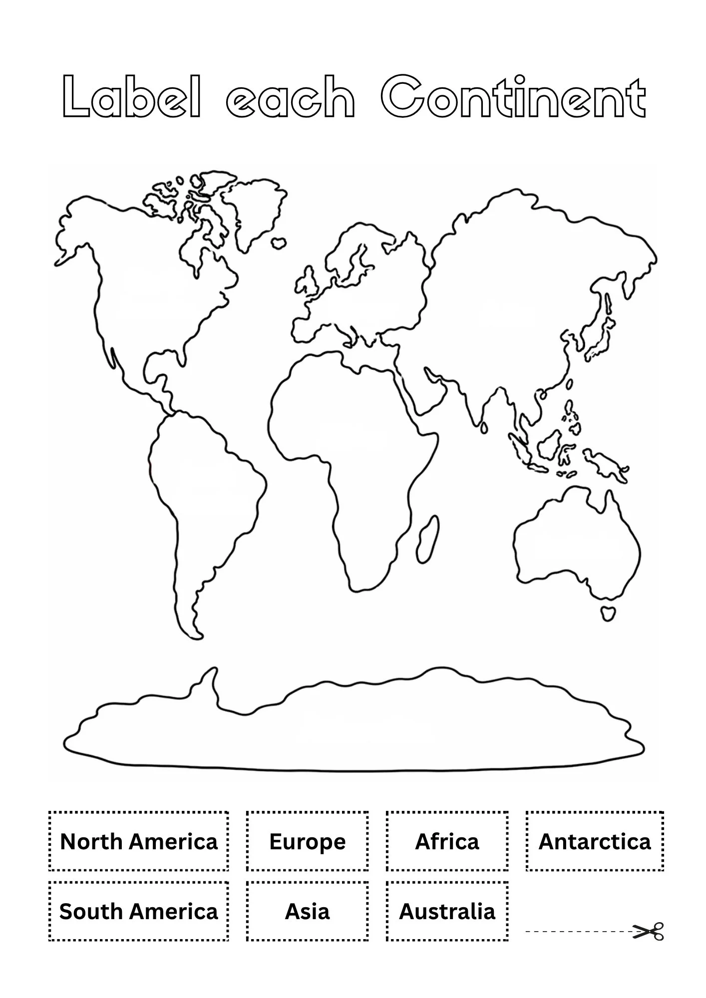 Label each continent and color them