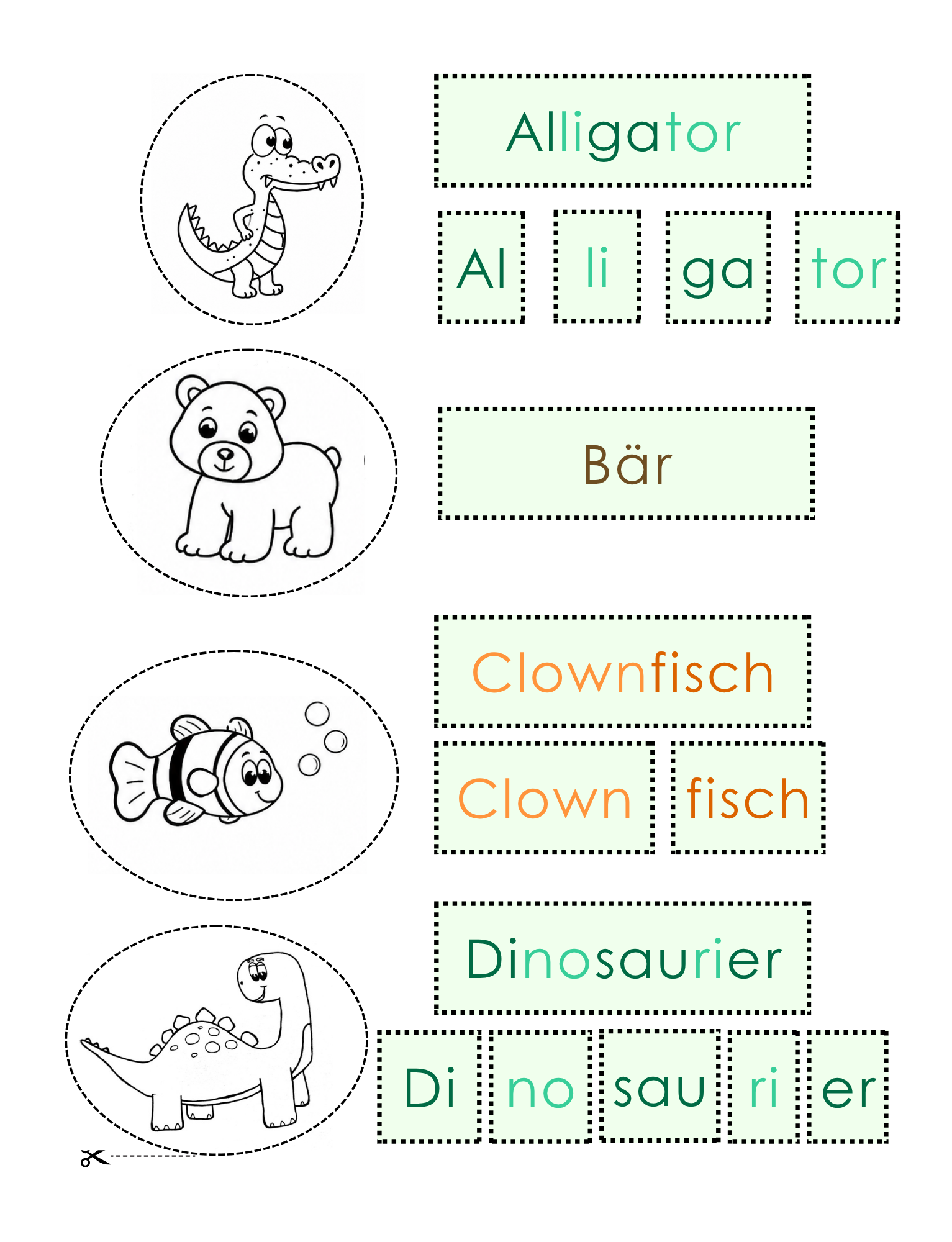Mit den Ausschneideübungen können Kinder Silben erkennen, ausschneiden und zu Wörtern zusammensetzen. Das unterstützt das Lesenlernen auf eine spielerische und visuelle Weise.