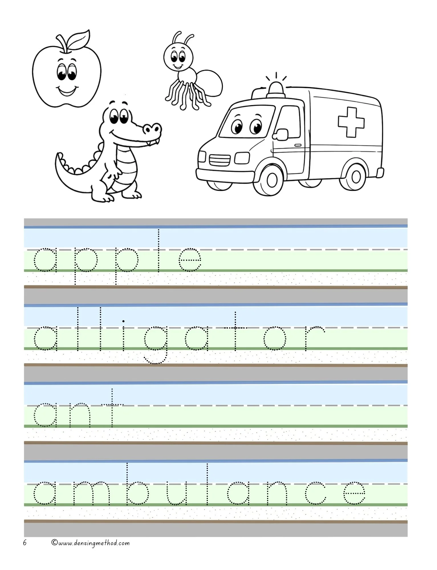 This page focuses on beginning letter sounds, where children trace words and color matching pictures to build phonics and early writing skills.