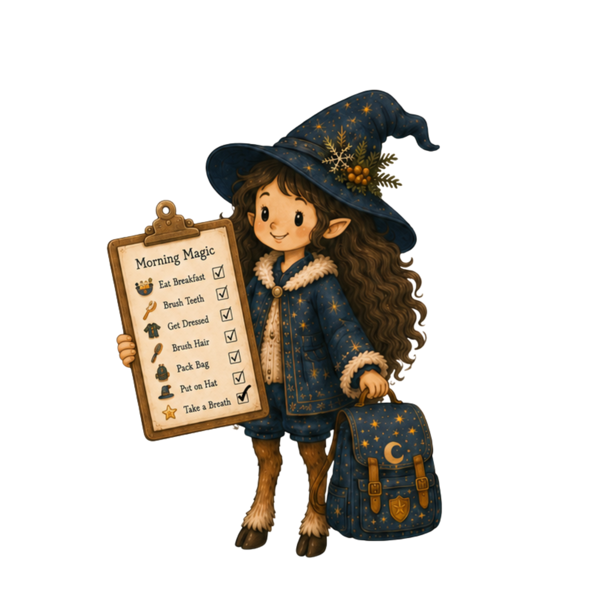 Zolita, a little witch with hooves, uses a morning routine checklist to get ready for school one step at a time.