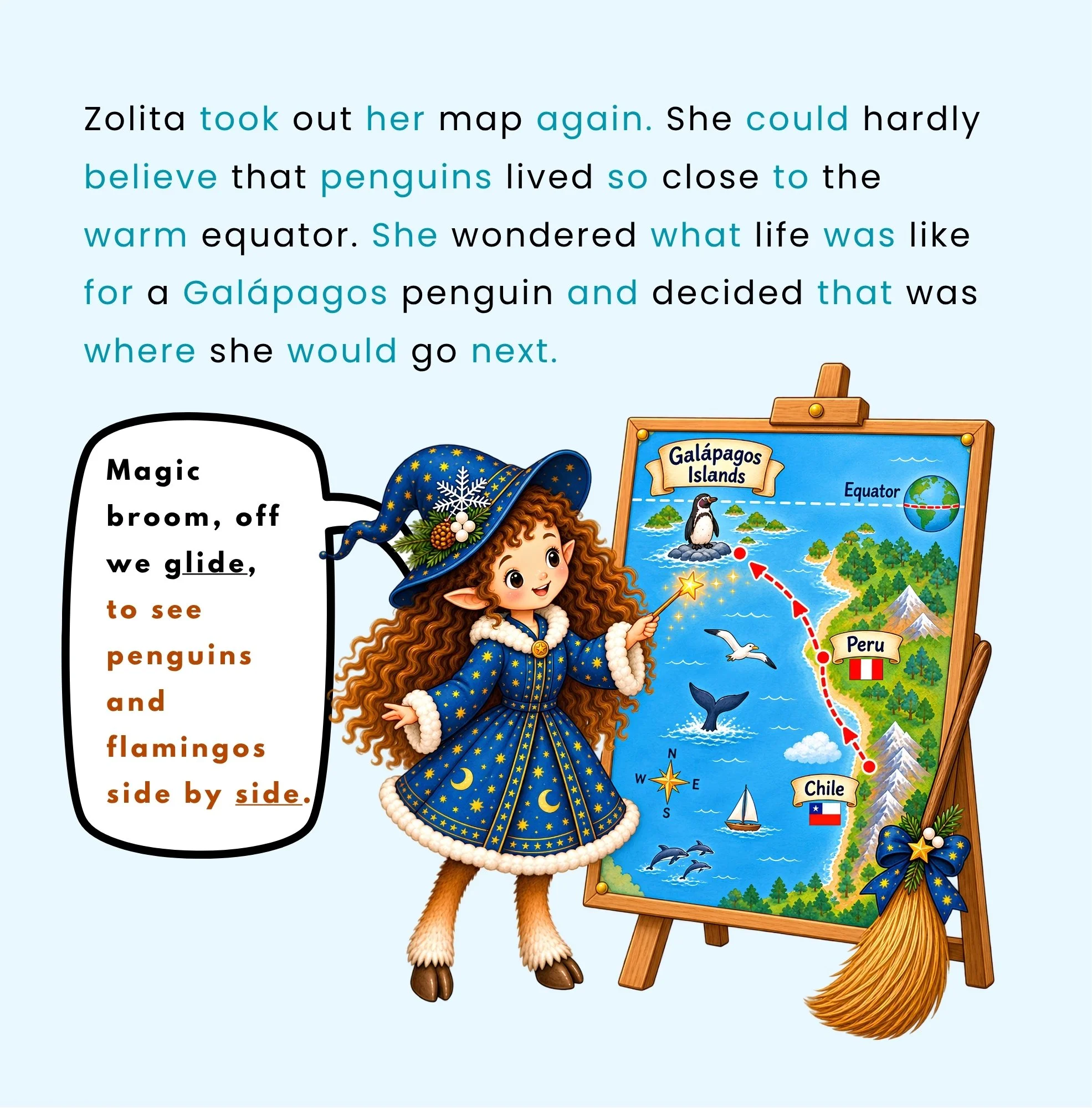 Zolita the little witch pointing to a map showing her journey from South America to the Galápagos Islands, where she plans to meet Galápagos penguins near the equator.