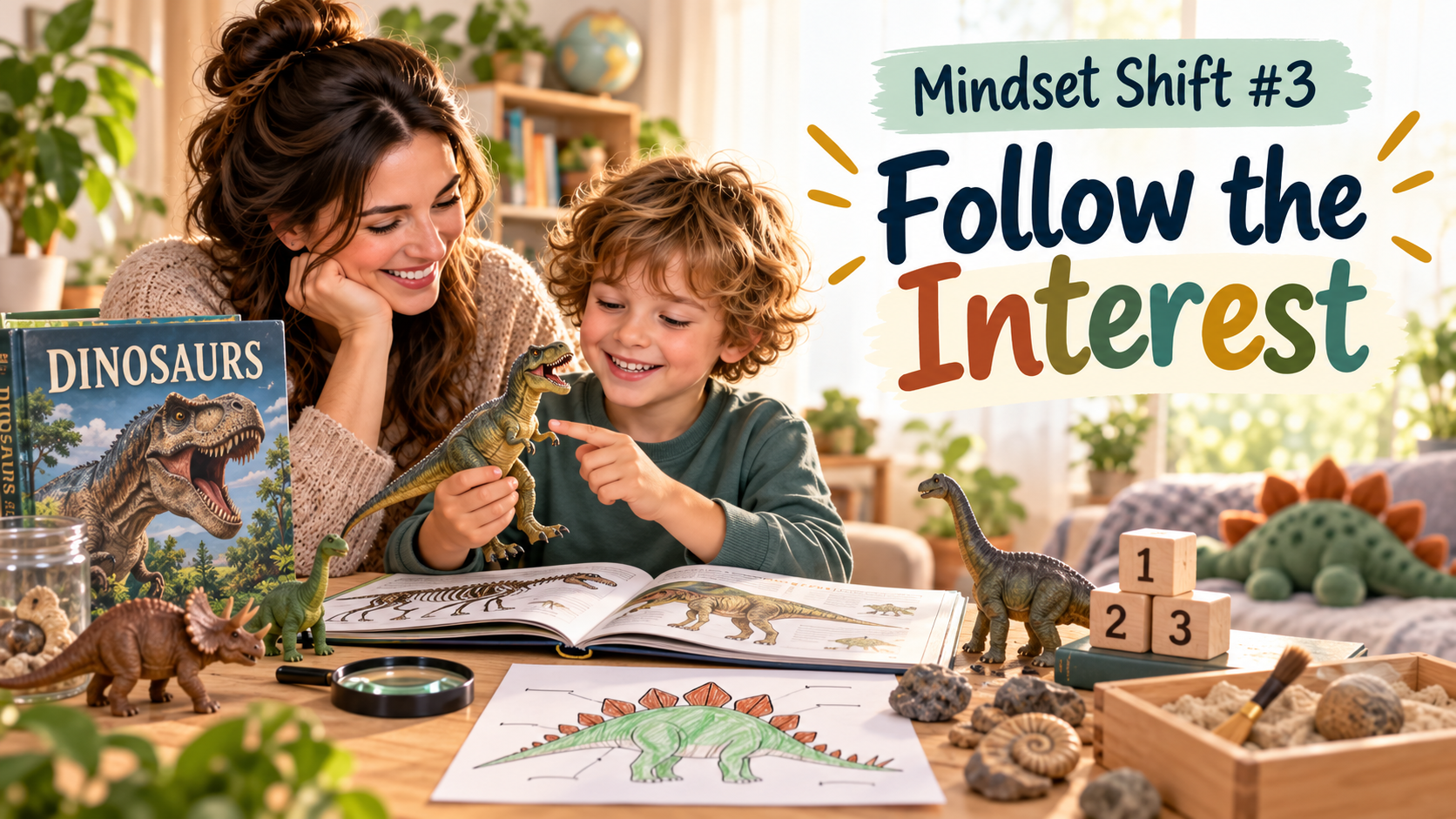 Boy researching dinosaurs while coloring and reading during homeschool, showing how a child’s interests can be used to support reading, writing, and learning.