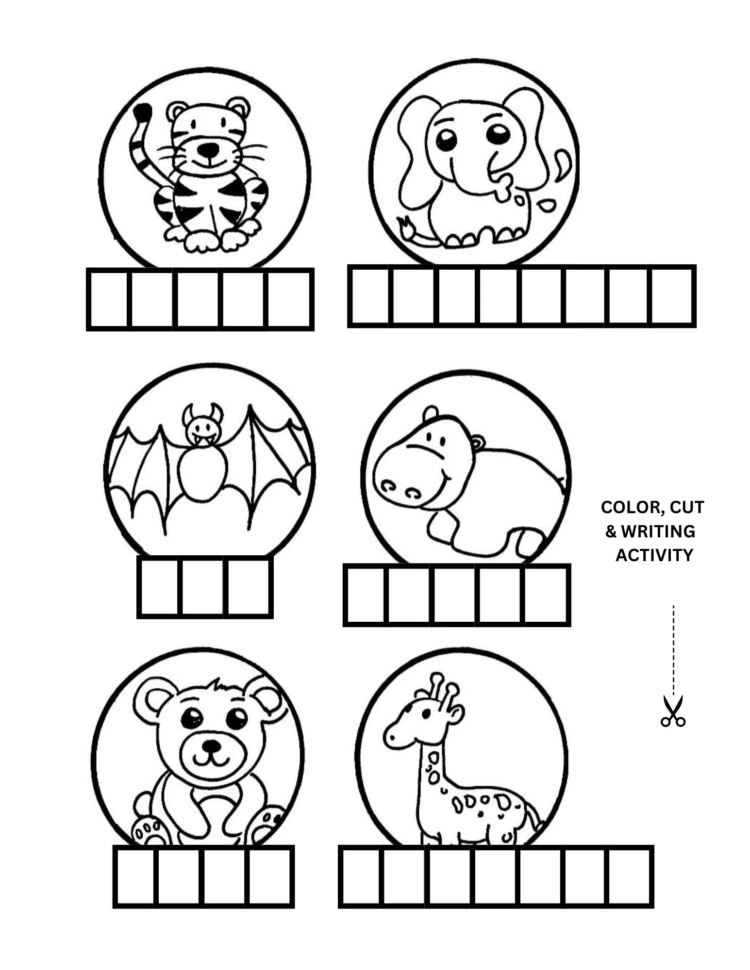 Writing, Spelling, Coloring & Cutting Activity