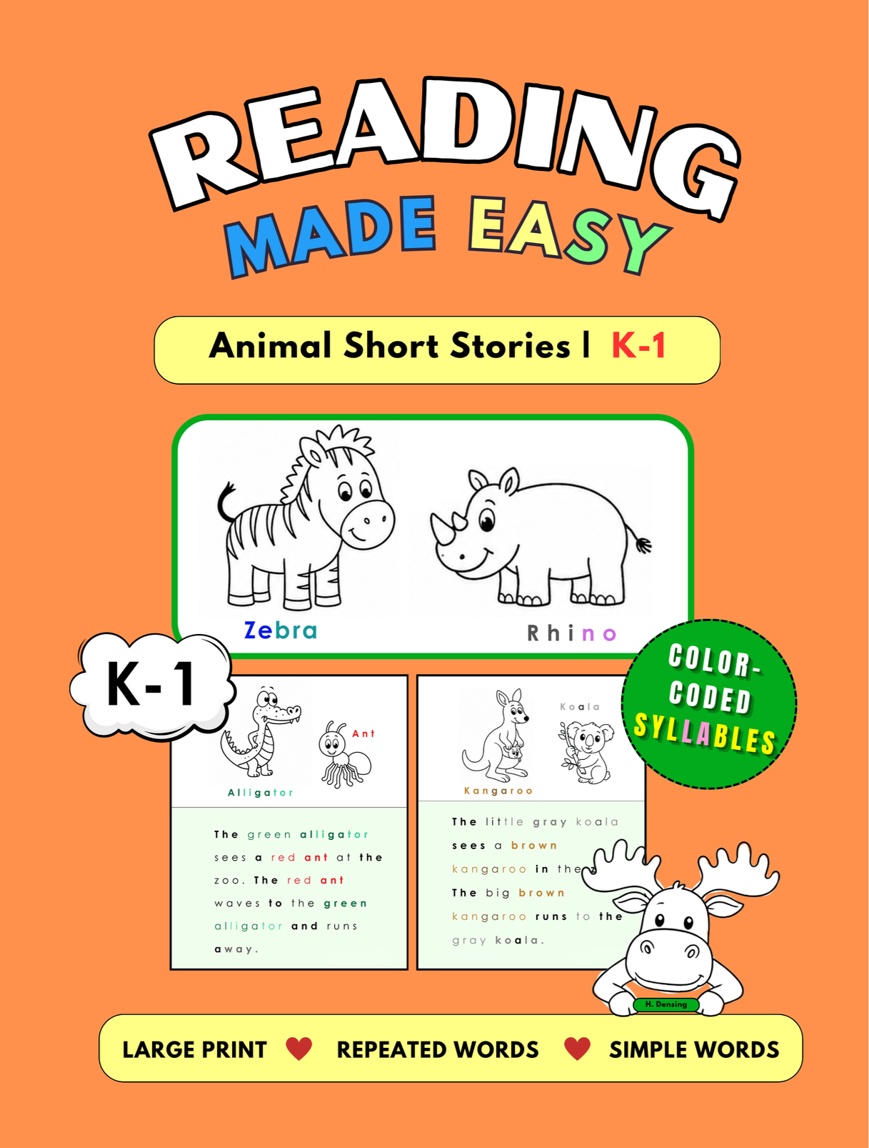 Reading Made Easy book cover featuring animal short stories with color-coded syllables to support early reading