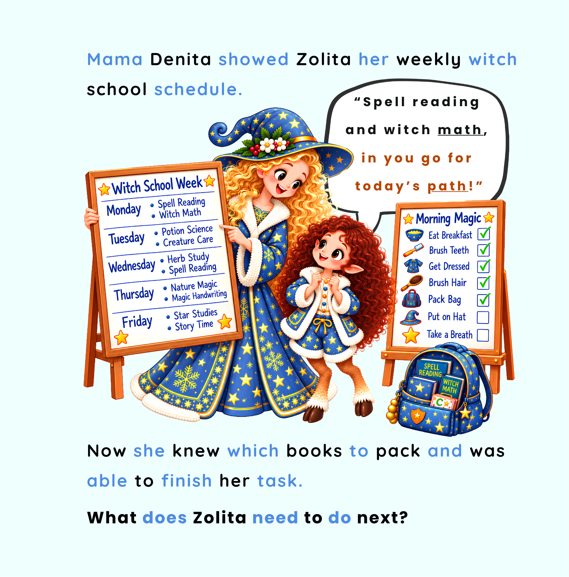 Zolita and Mama Denita reviewing a weekly witch school schedule and morning routine checklist, helping Zolita decide which books to pack for school.