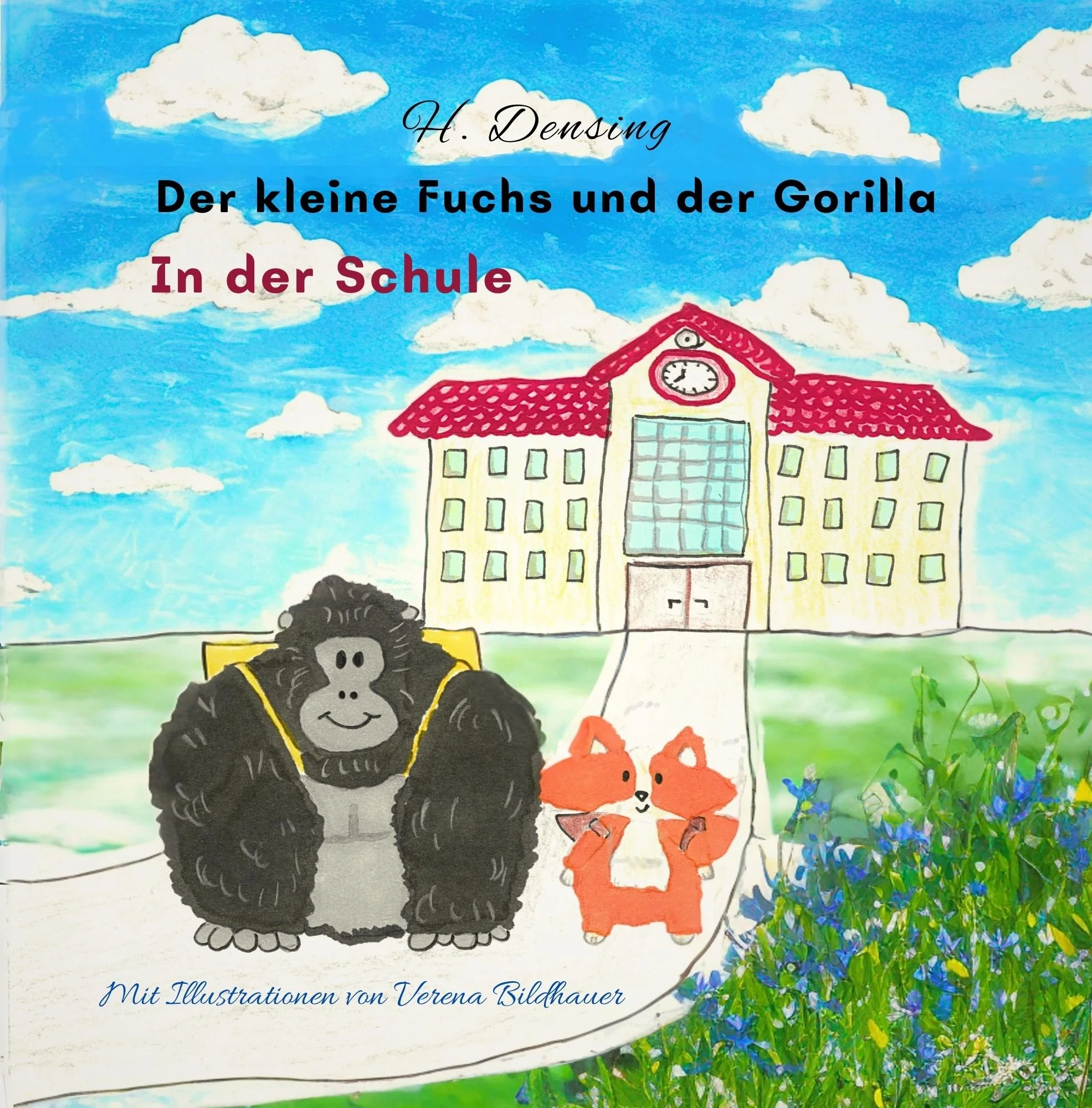 Kinderbilderbuch „Der kleine Fuchs und der Gorilla – In der Schule“ mit Reimgeschichte und farblich wechselndem Text zur Unterstützung beim Lesen.