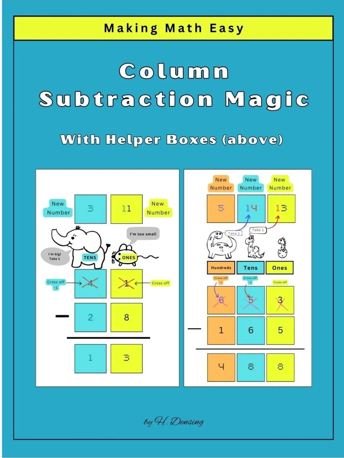 Subtraction with regrouping workbook for 2-digit and 3-digit problems using helper boxes above the numbers to support borrowing.