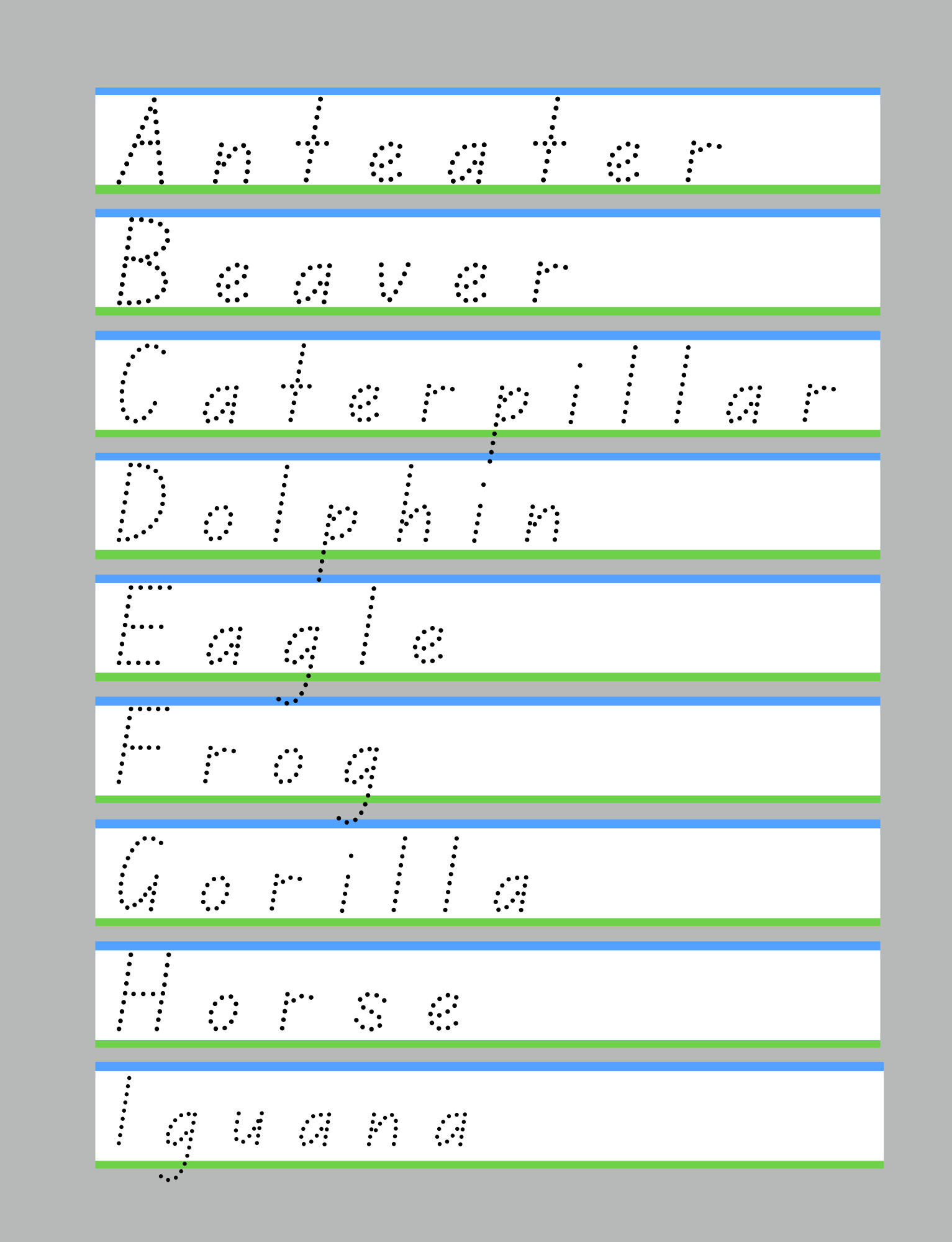 This page features an animal alphabet activity where children trace animal names for each letter to build letter recognition, handwriting, and vocabulary skills.