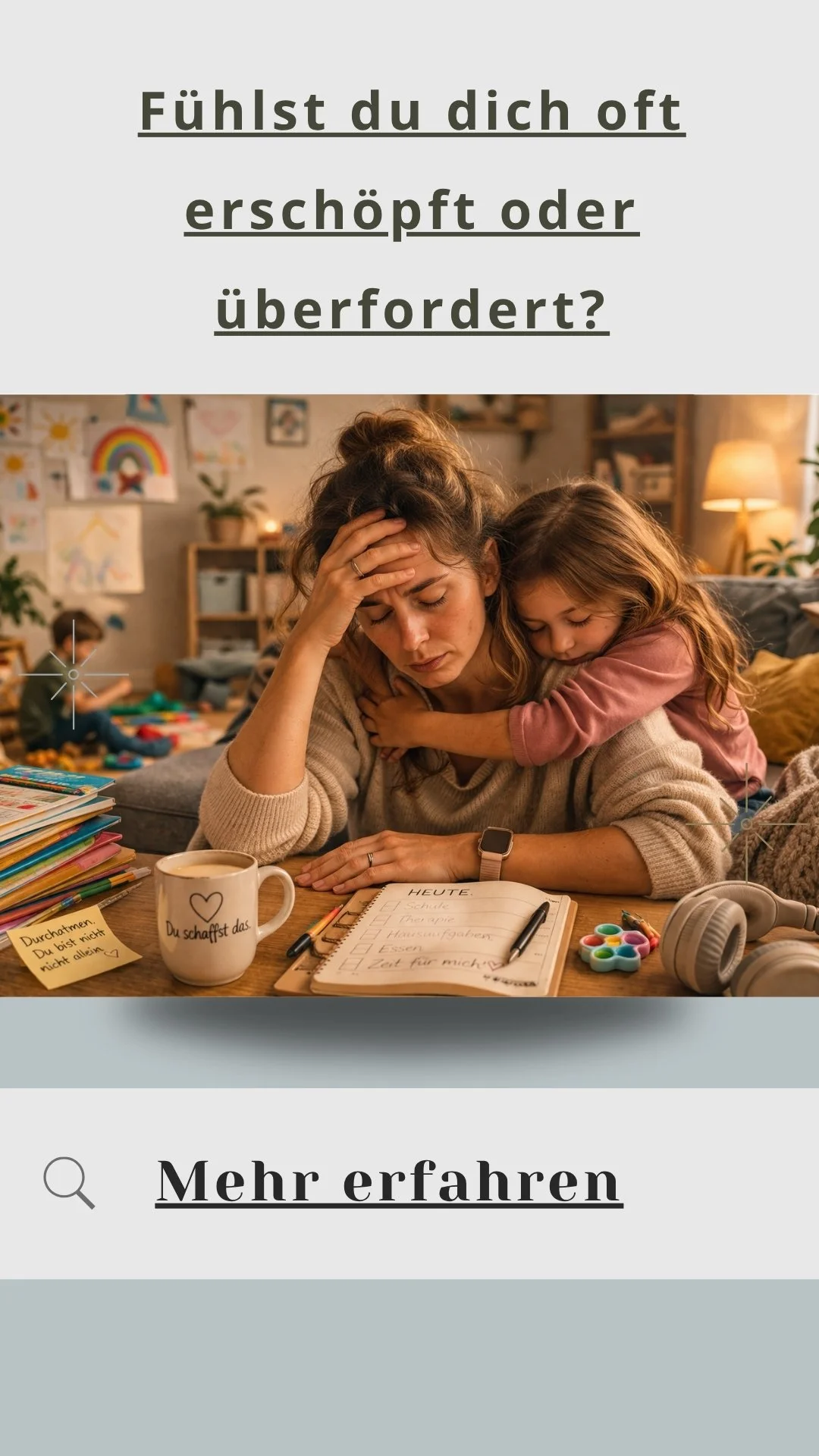 Erschöpfte Mutter im Alltag mit Kind fühlt sich überfordert und allein