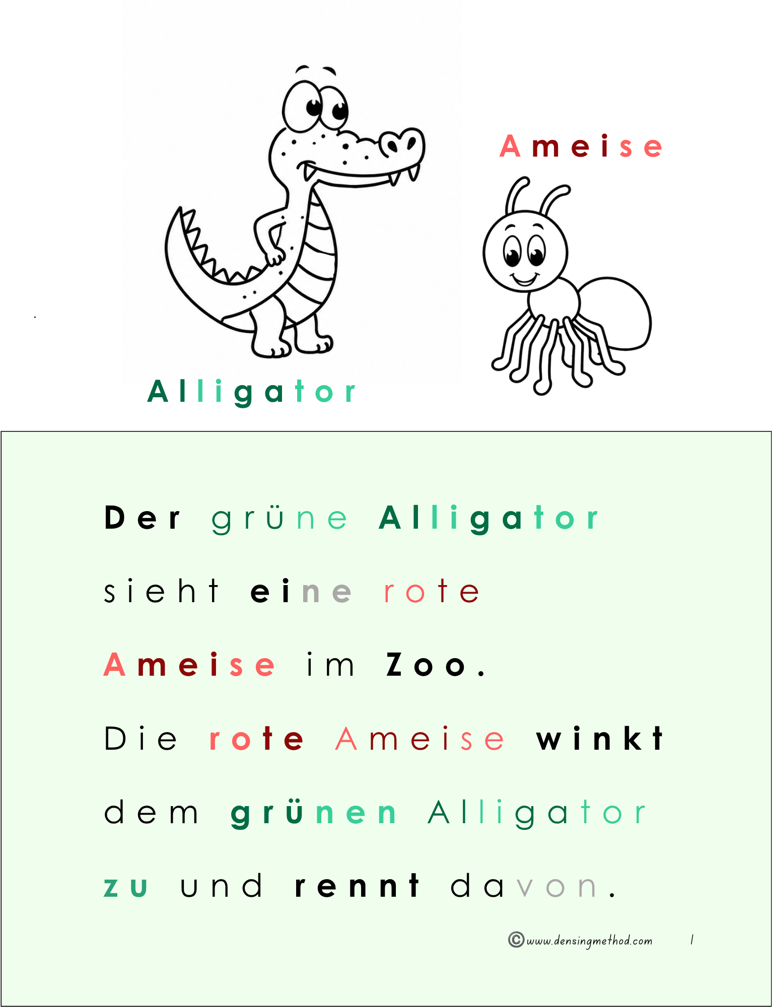 Eine Beispielseite aus dem Lesen-lernen-Arbeitsheft: kurze Tiergeschichten mit farbiger Silbentrennung, Bildern und visueller Unterstützung für Leseanfänger.