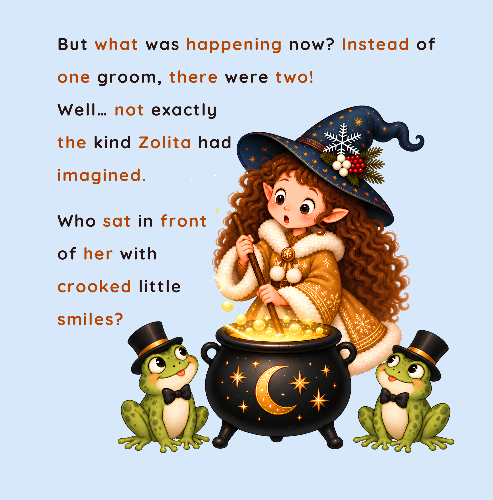 Children’s picture book illustration of Zolita, a little witch with hooves, surprised by two frogs during her whimsical magical wedding adventure.