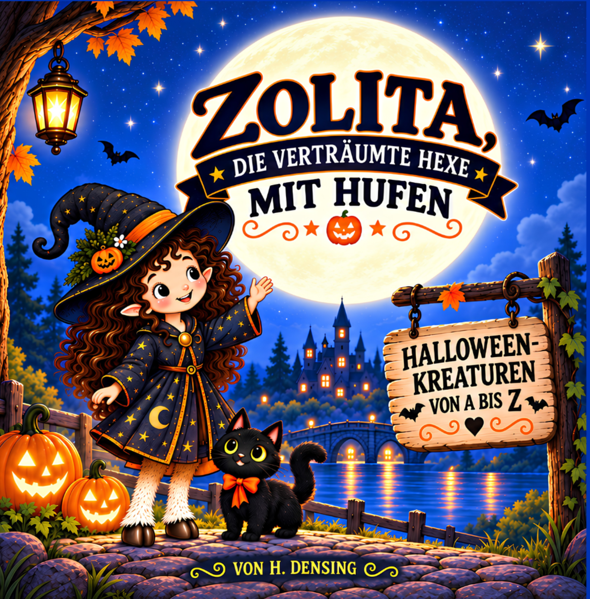 Buchcover von „Zolita, die verträumte Hexe mit Hufen“ mit Zolita, ihrer schwarzen Katze, Kürbissen und einem nächtlichen Halloween-Schloss. Ein gereimtes Halloween-Abenteuer mit Kreaturen von A bis Z für Kinder.