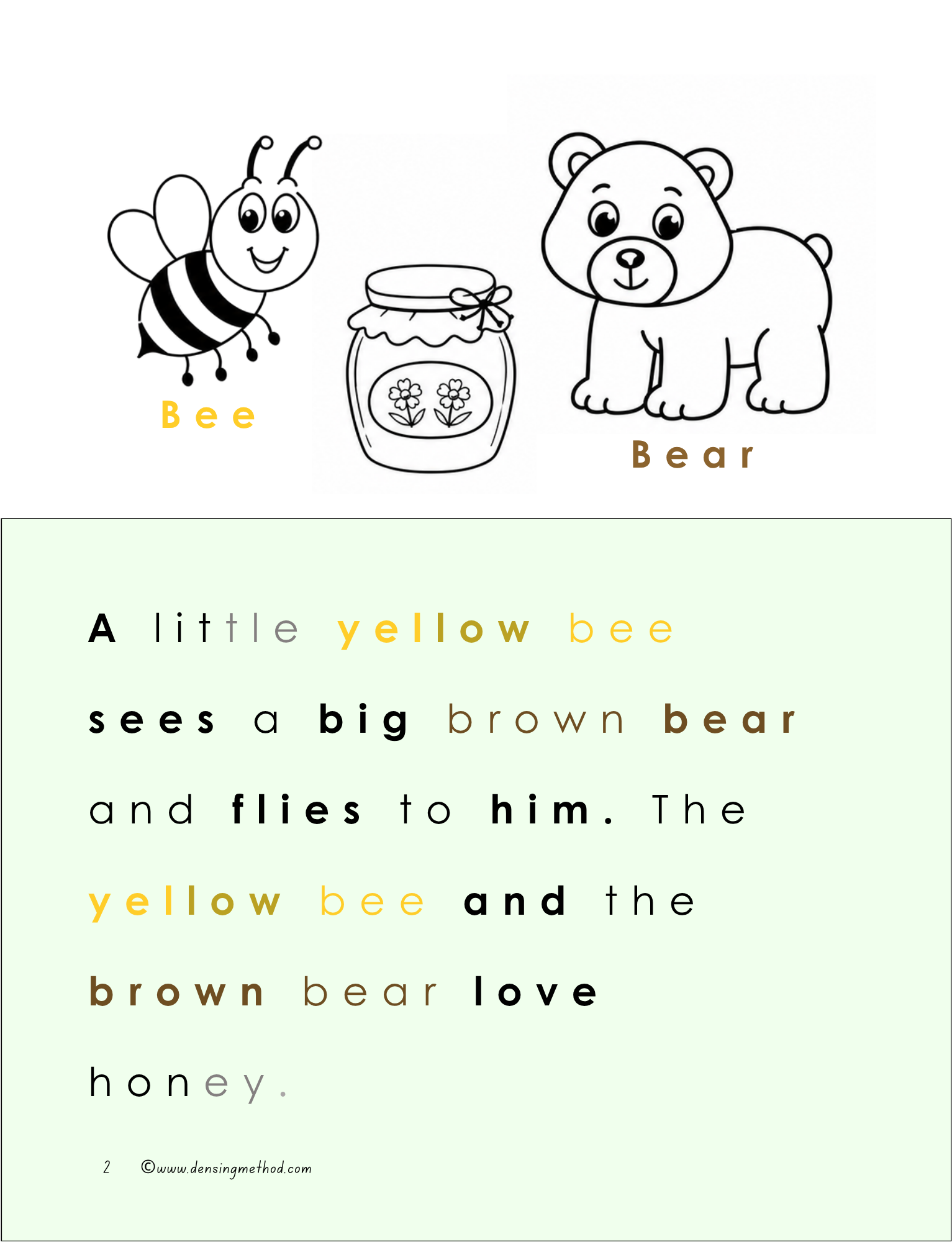 This page introduces the letter B with bear and bee visuals, a short color-coded syllable story, and a coloring activity to support decoding and early reading skills.