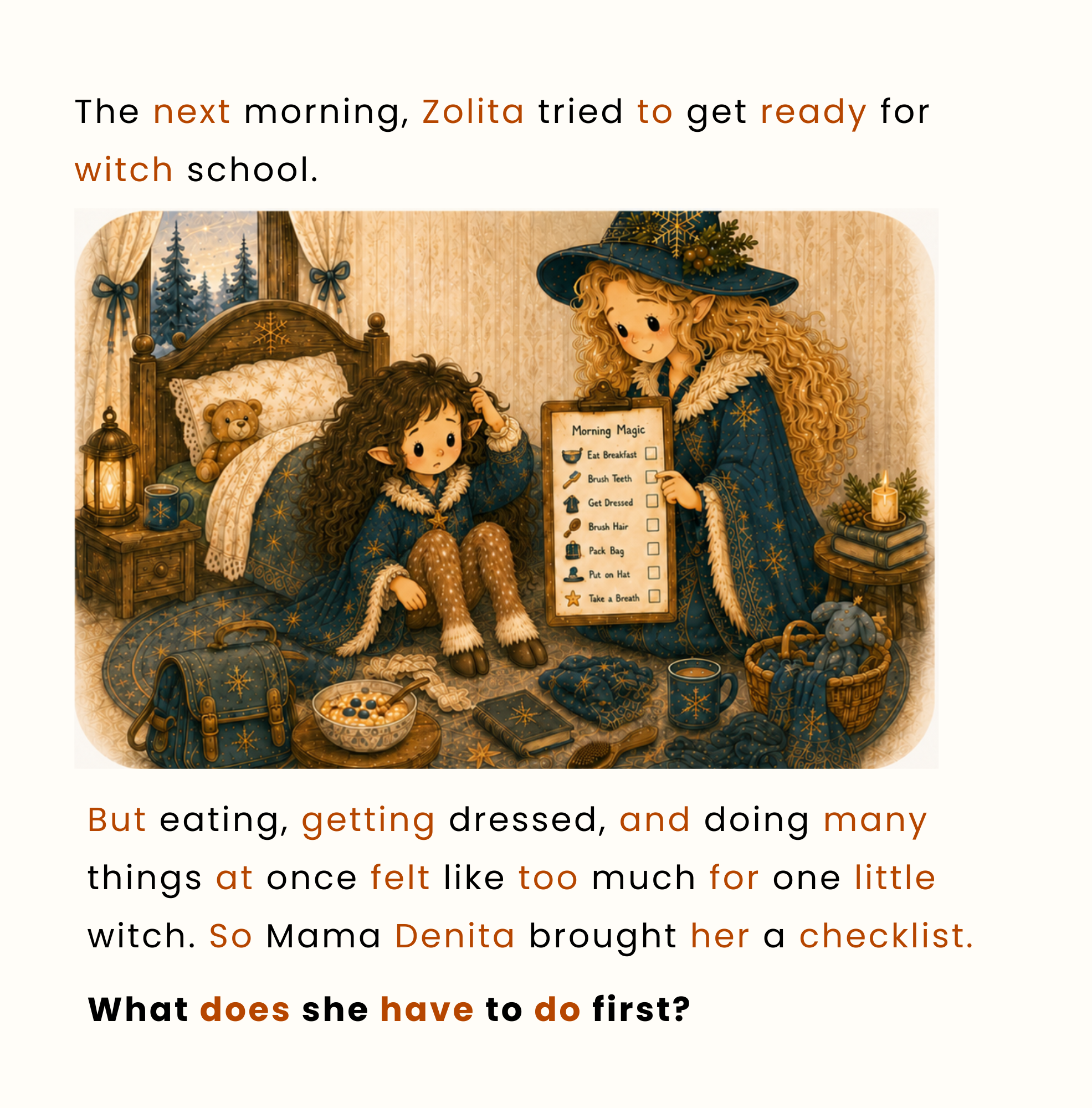 Children’s picture book illustration of a young witch feeling unsure during her morning routine while her mother brings a checklist to help her get ready for school one step at a time.
