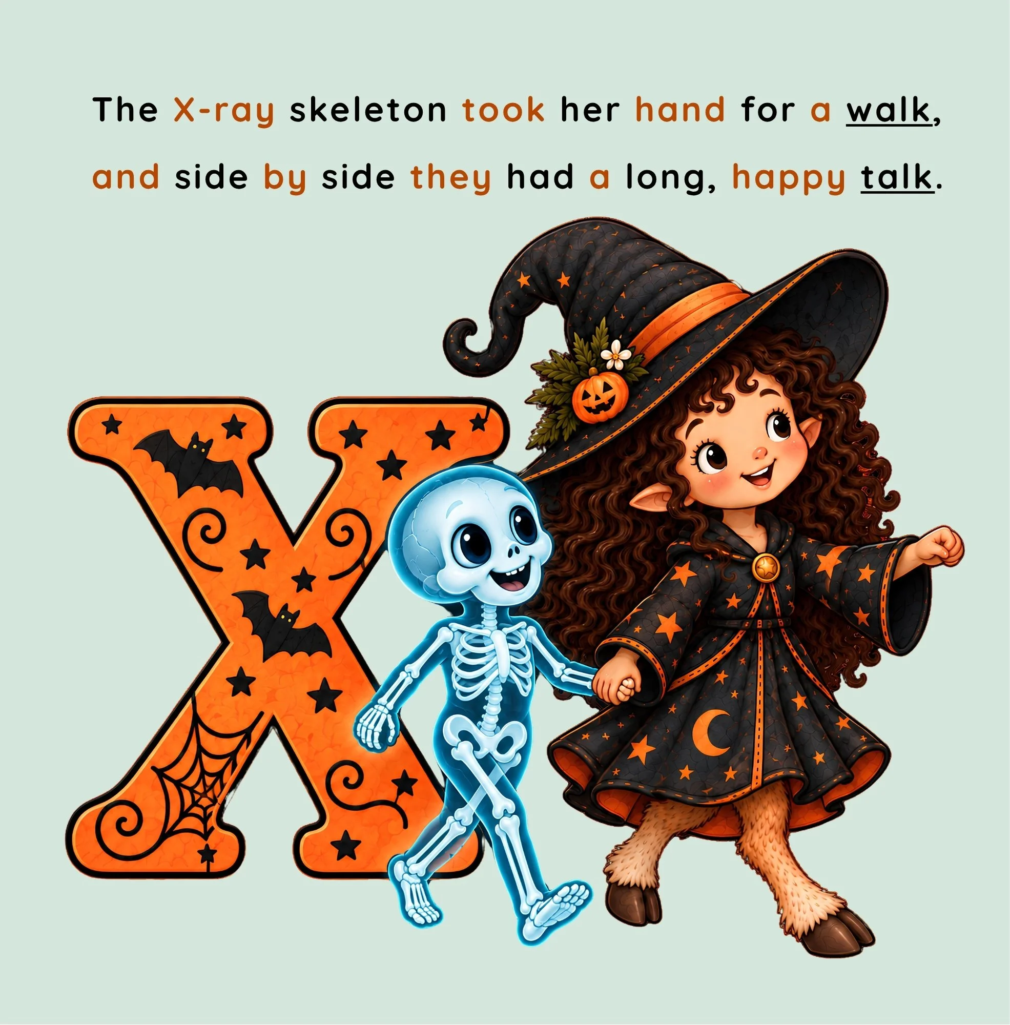 A page from the Halloween Creatures from A-Z book showing the witch walking with a x-ray skeleton.