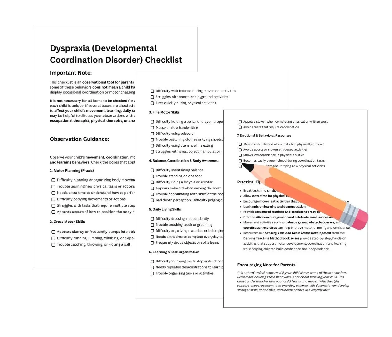 Printable dyspraxia checklist preview highlighting signs like poor coordination, difficulty with balance, and struggles with fine motor skills