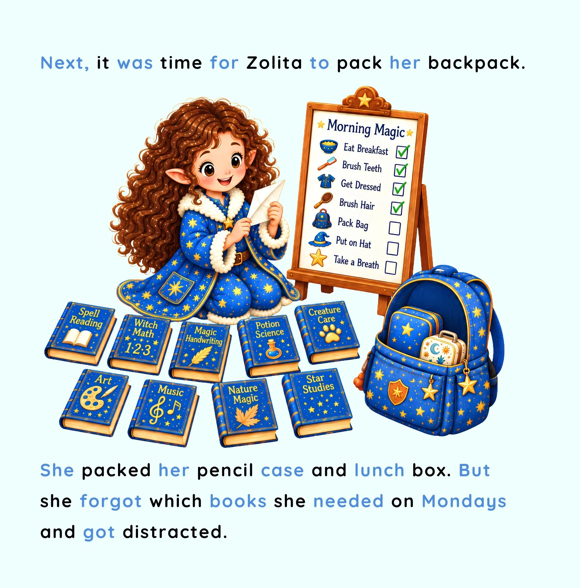 Children’s picture book illustration of a young witch getting distracted while packing her backpack and trying to remember what she needs for Monday school routine.