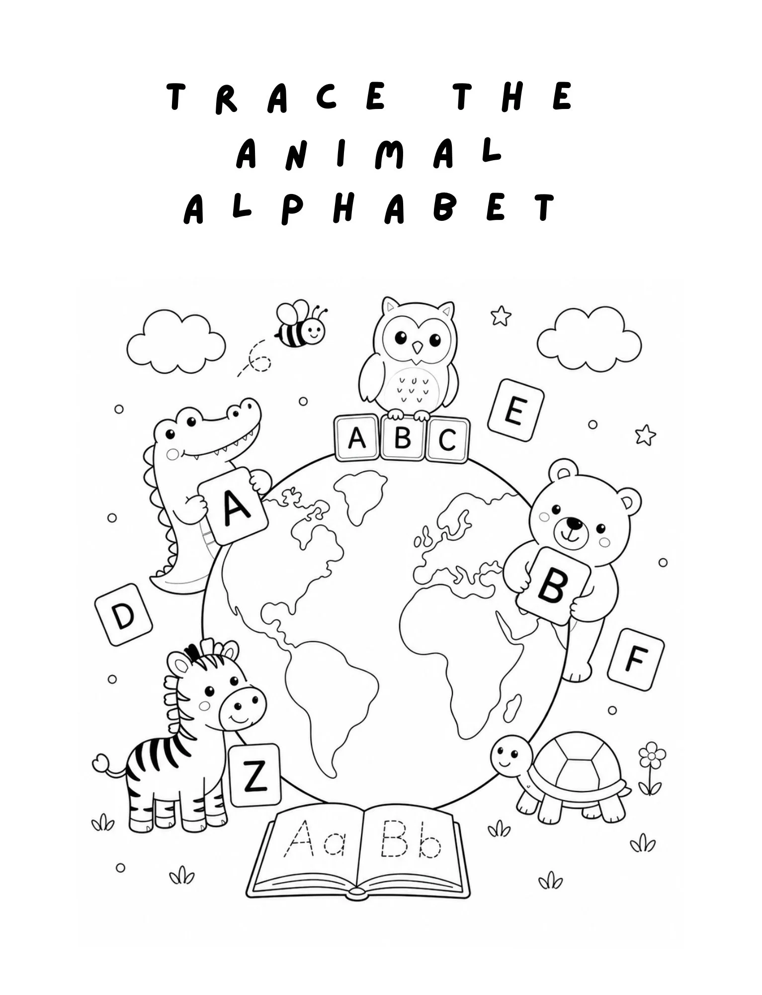 Color the page to improve fine motor skills while practicing animal vocabulary, letter recognition, and early alphabet learning.
