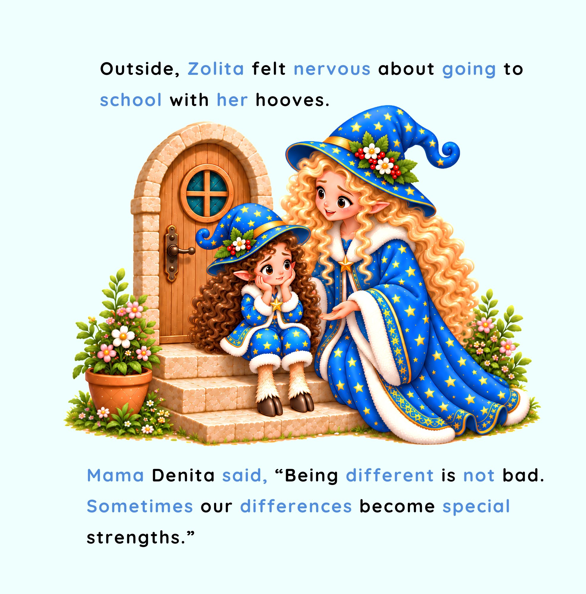 Mama Denita encouraging Zolita to believe in herself as they are outside their home waiting for the flying school bus to arrive.