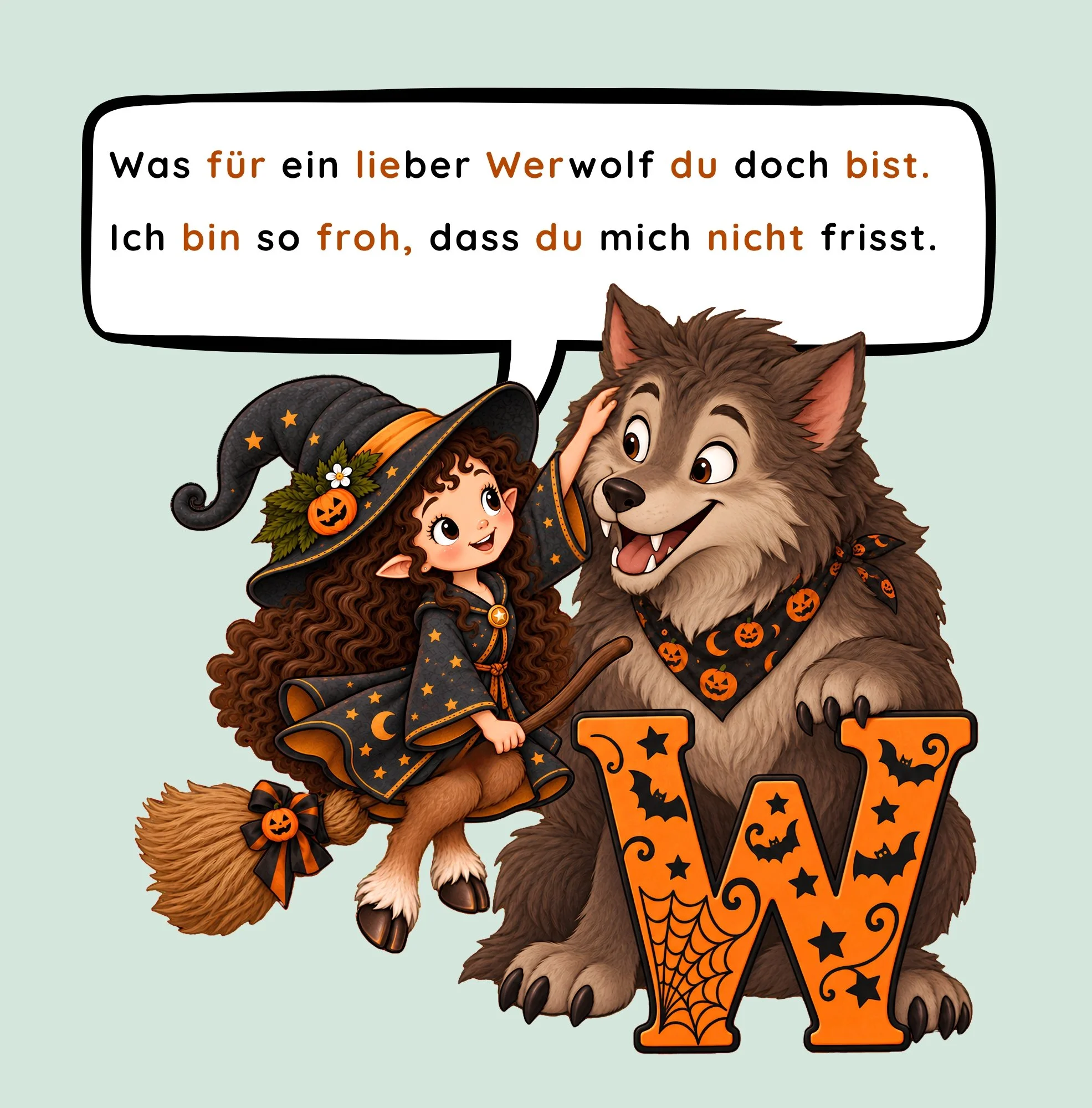 Zolita begegnet einem freundlichen, wuscheligen Werwolf beim Buchstaben W. Die beiden lächeln zusammen in einer farbenfrohen Illustration aus dem deutschen Halloween-Kinderbuch „Zolita, die verträumte Hexe mit Hufen“.