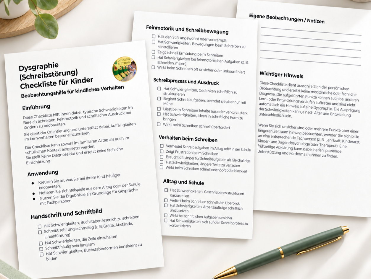 Vorschau der Dysgraphie-Checkliste für Kinder zu Handschrift, Schreibmotorik und Feinmotorik