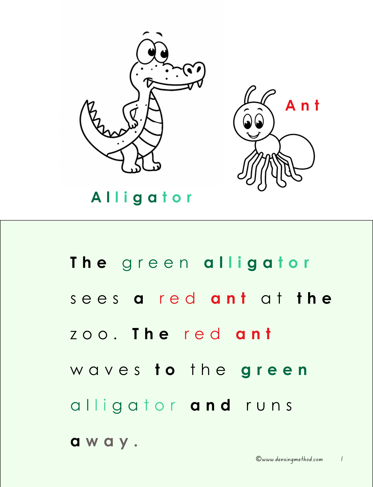 This page introduces the letter A with alligator and ant visuals, a short color-coded syllable story, and a coloring activity to support decoding and early reading skills.