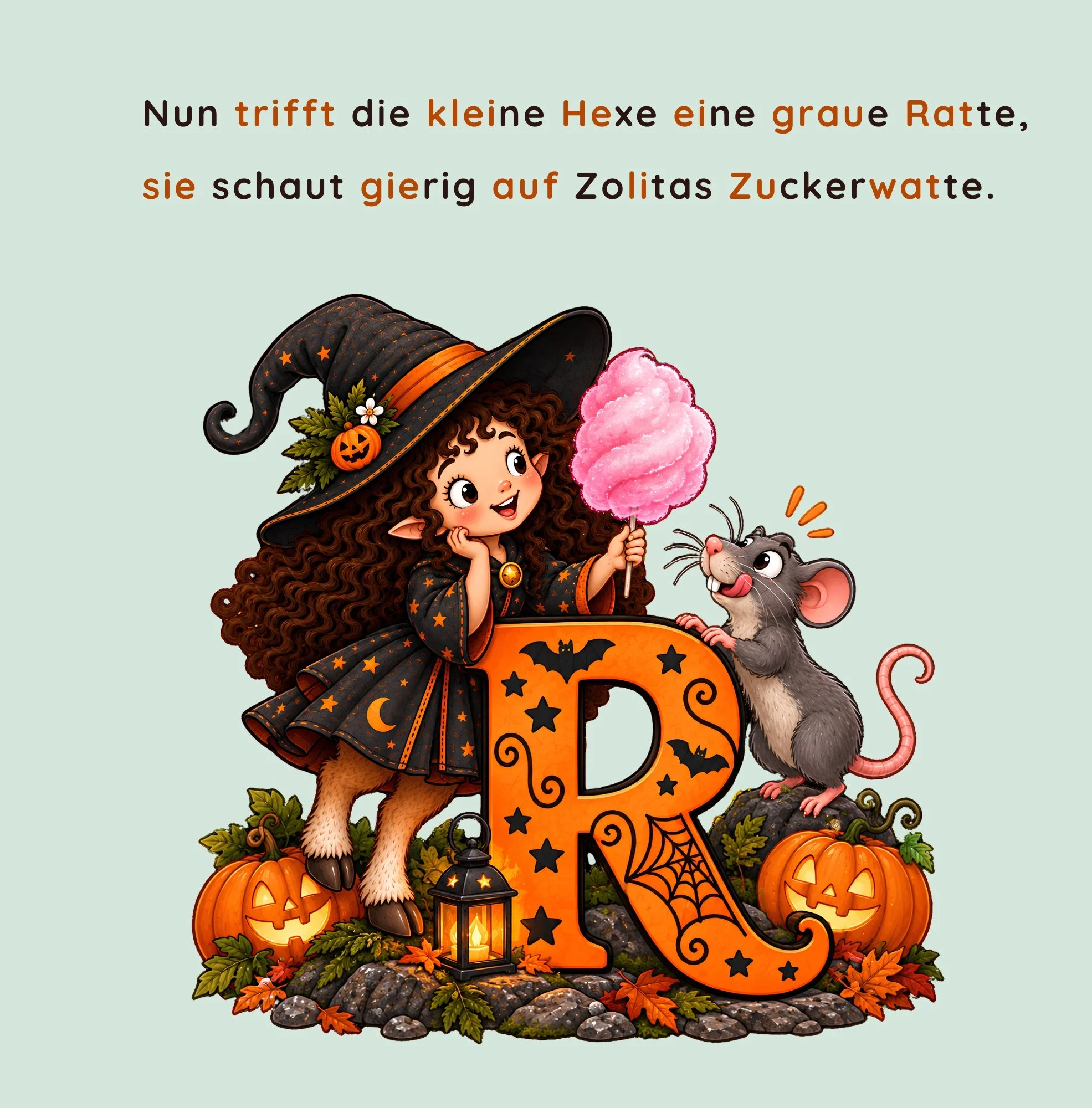 Zolita begegnet einer grauen Ratte, die gierig auf ihre Zuckerwatte starrt. Eine farbenfrohe Illustration aus dem deutschen Halloween-Kinderbuch „Zolita, die verträumte Hexe mit Hufen“.