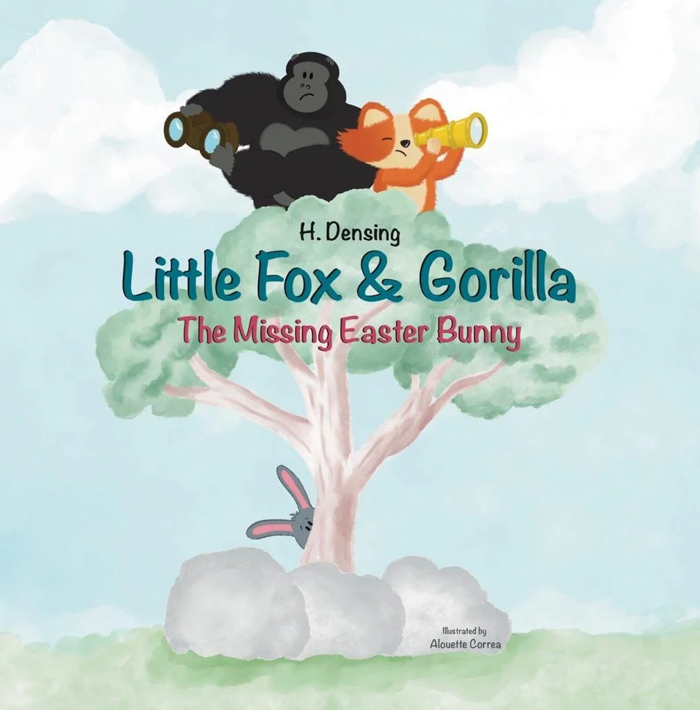 Children’s Easter picture book “Little Fox and Gorilla – The Missing Easter Bunny” with rhyming text and alternating colors that help children with dyslexia or readers who skip words stay on track while reading.